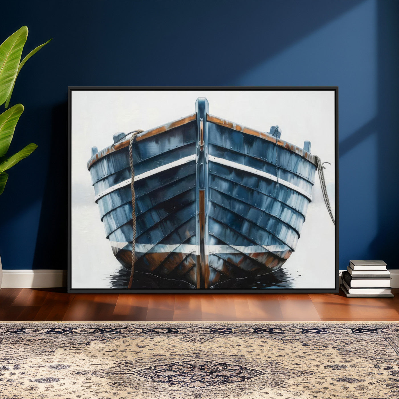 21601740-MGV-CV-36X24 - Blue Wooden Rowboat Canvas Wall Art, Coastal Nautical Boat Painting Print for Lake Beach House Decor, Minimalist Maritime Decor Artwork