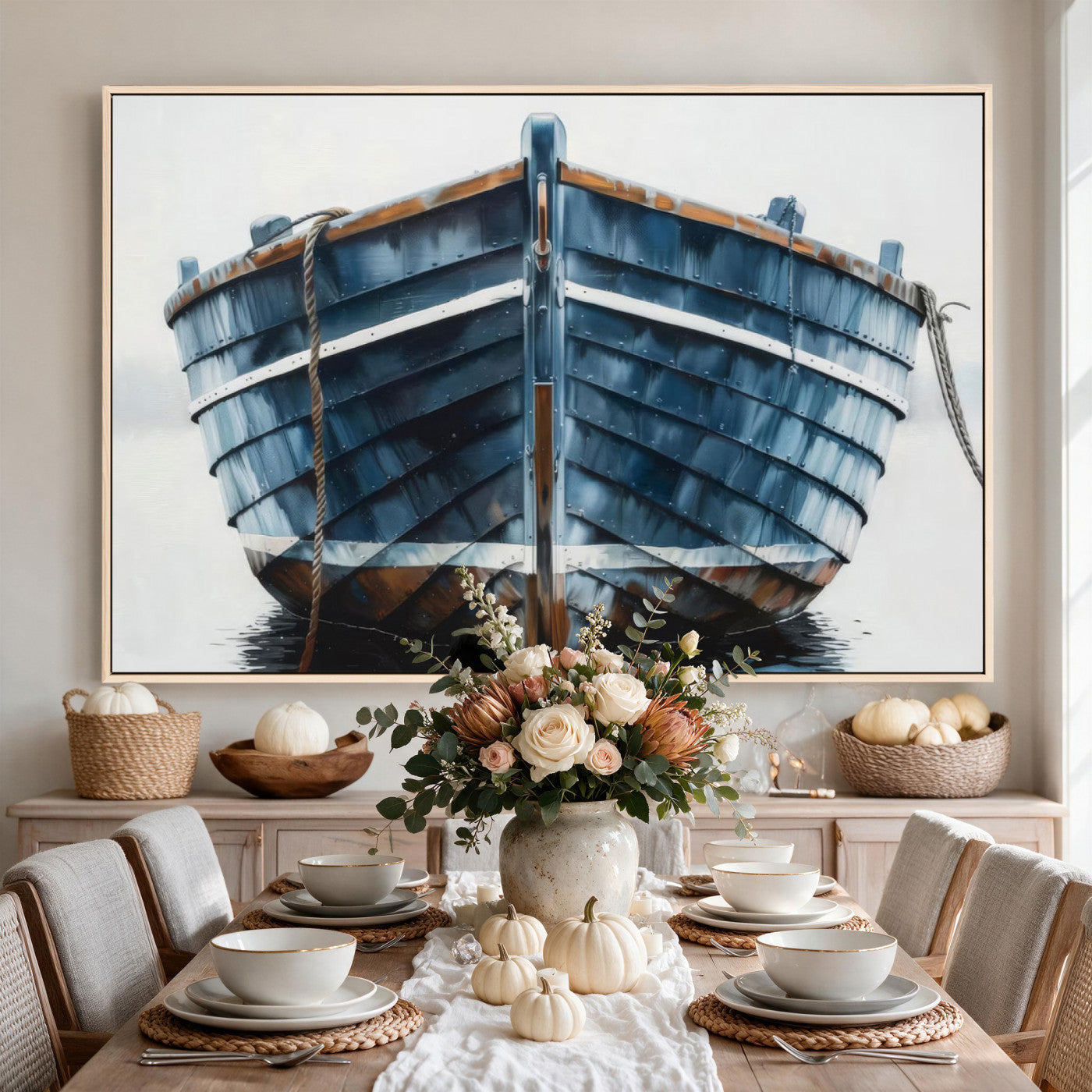 21601740-MGV-CV-36X24 - Blue Wooden Rowboat Canvas Wall Art, Coastal Nautical Boat Painting Print for Lake Beach House Decor, Minimalist Maritime Decor Artwork
