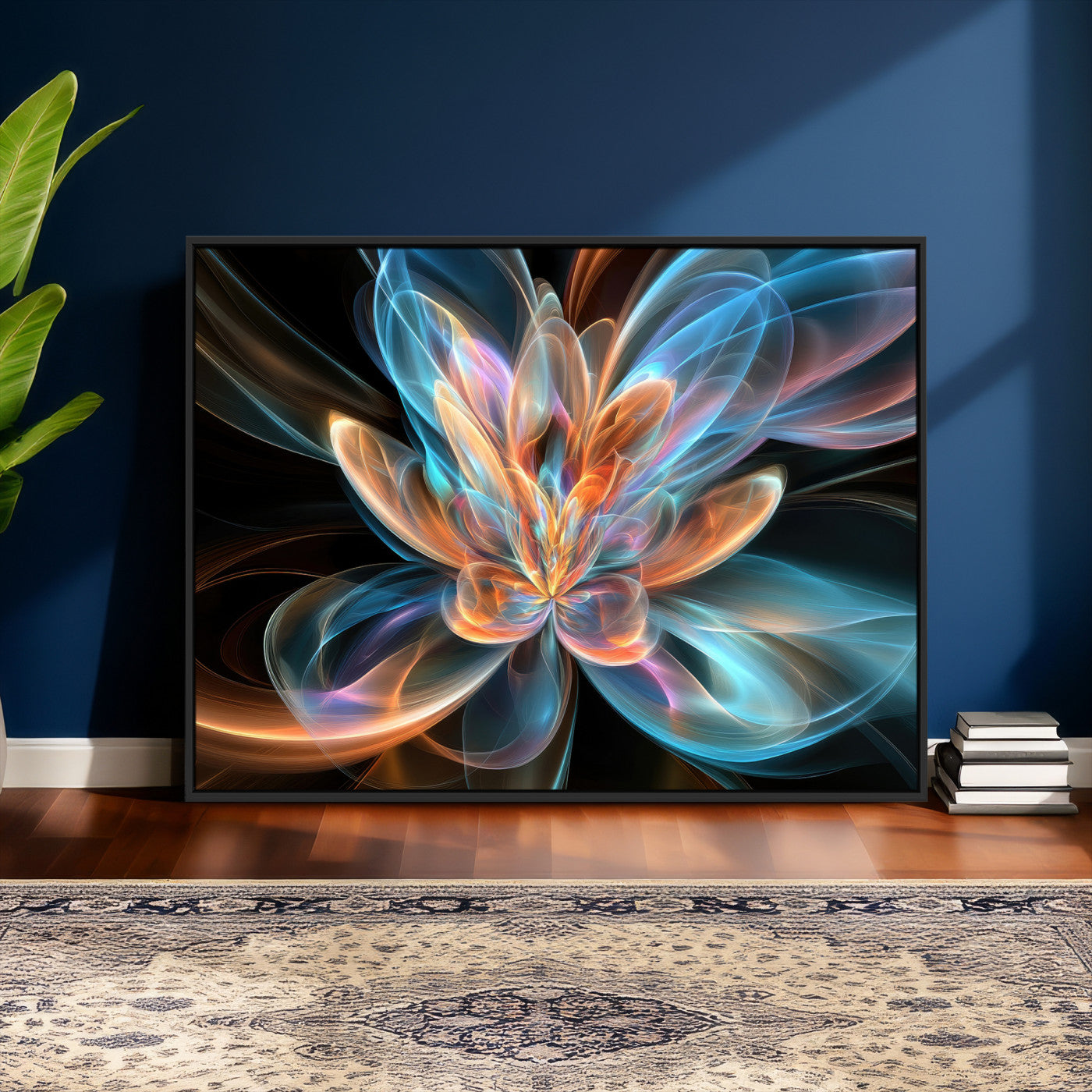 91902283-MGV-CV-36X24 - Fractal Lotus Canvas Wall Art, Blue Orange Glowing Flower Abstract Print, Modern Zen Meditation Room Decor, Ethereal Digital Art, Living Room