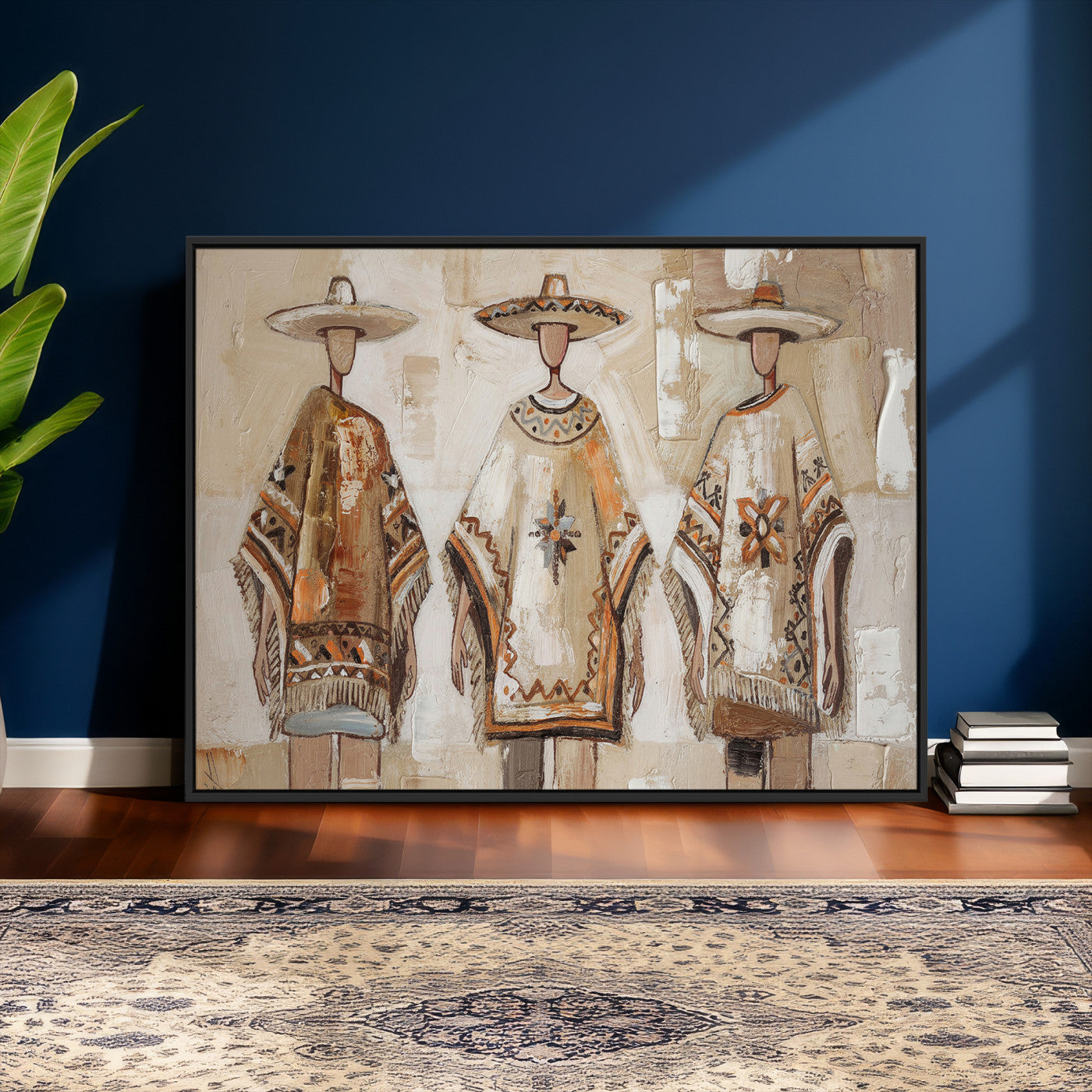 85373290-MGV-CV-36X24 - Mexican Folk Art Canvas Wall Art, Charro Poncho Sombrero Painting Print, Neutral Beige Boho Decor, Southwestern Impasto Style, Living Room Art