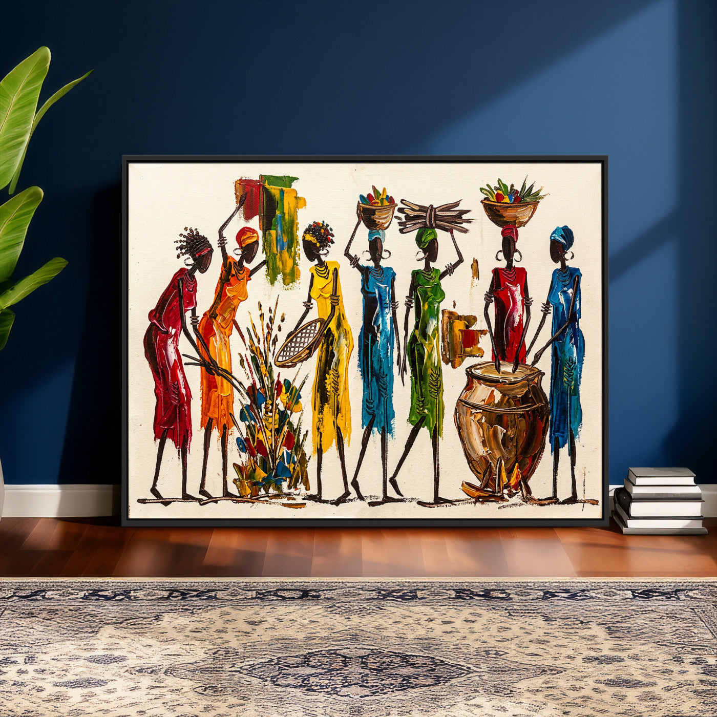 83463154-MGV-CV-36X24 - African Folk Art Canvas Wall Art, Colorful African Women Village Painting Print, Tribal Ethnic Home Decor, Vibrant African Art, Living Room
