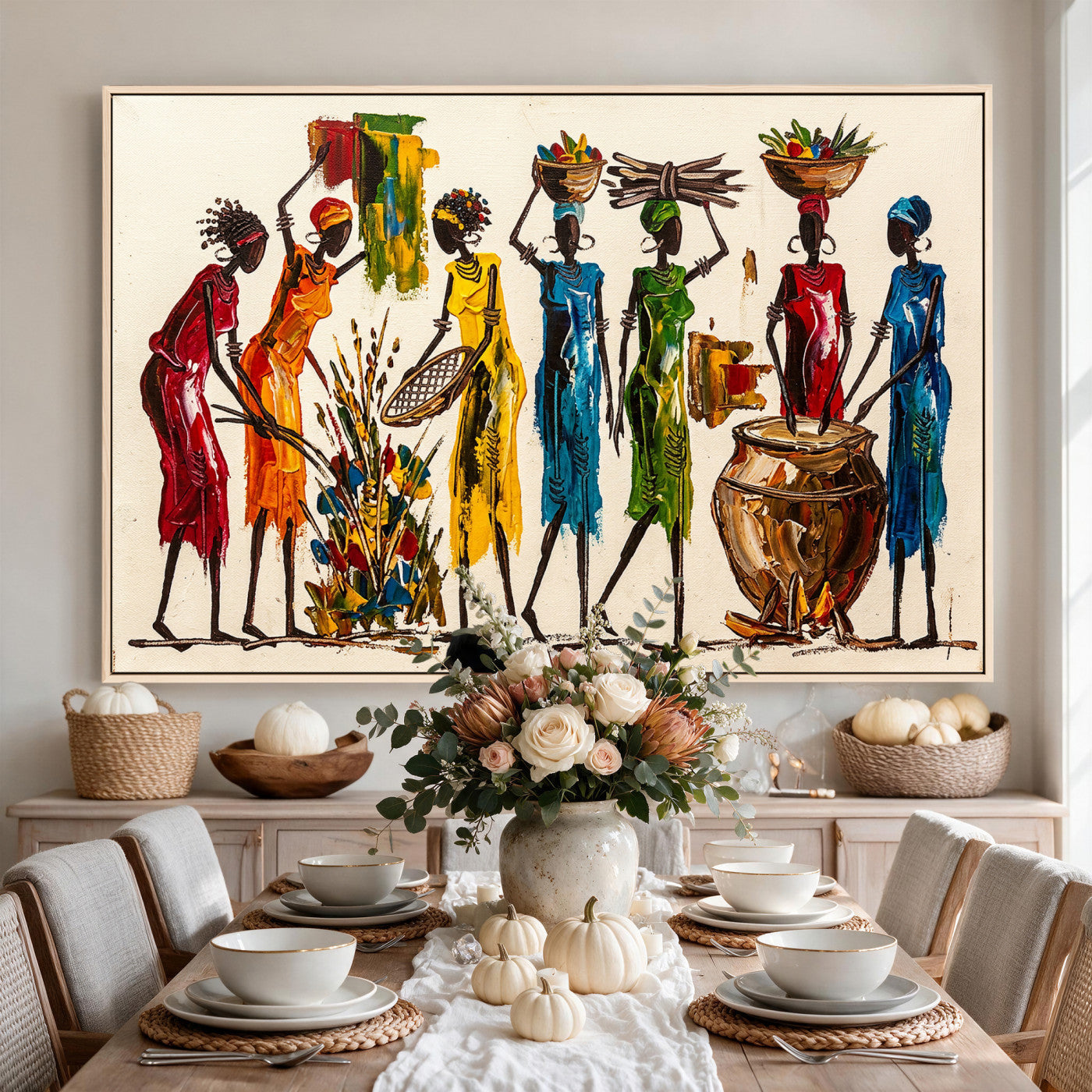 83463154-MGV-CV-36X24 - African Folk Art Canvas Wall Art, Colorful African Women Village Painting Print, Tribal Ethnic Home Decor, Vibrant African Art, Living Room