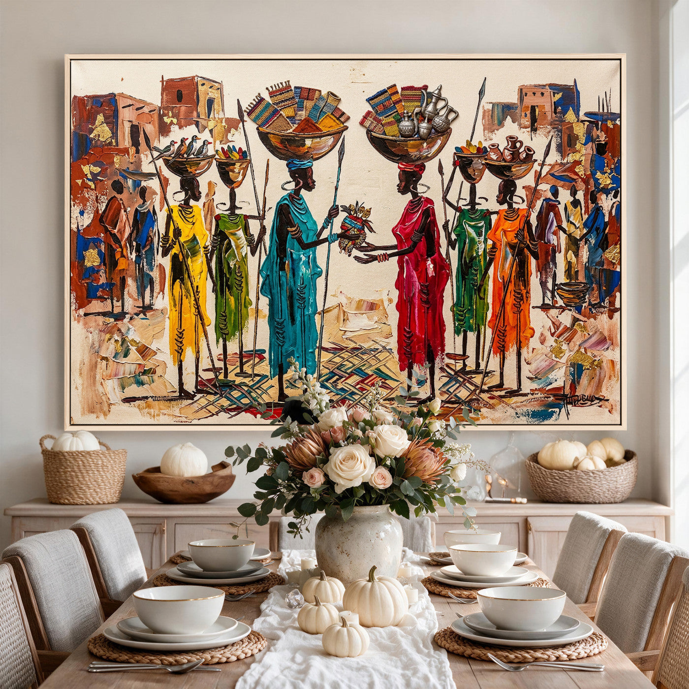 54818657-MGV-CV-36X24 - African Folk Art Canvas Wall Art, Colorful African Women Village Painting Print, Tribal Ethnic Home Decor, Vibrant African Art, Living Room