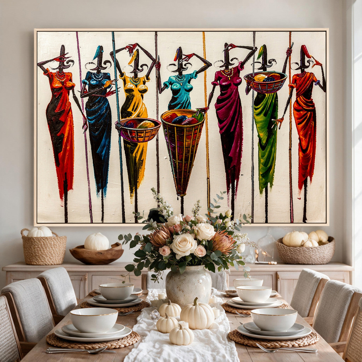 53545627-MGV-CV-36X24 - African Folk Art Canvas Wall Art, Colorful African Women Village Painting Print, Tribal Ethnic Home Decor, Vibrant African Art, Living Room