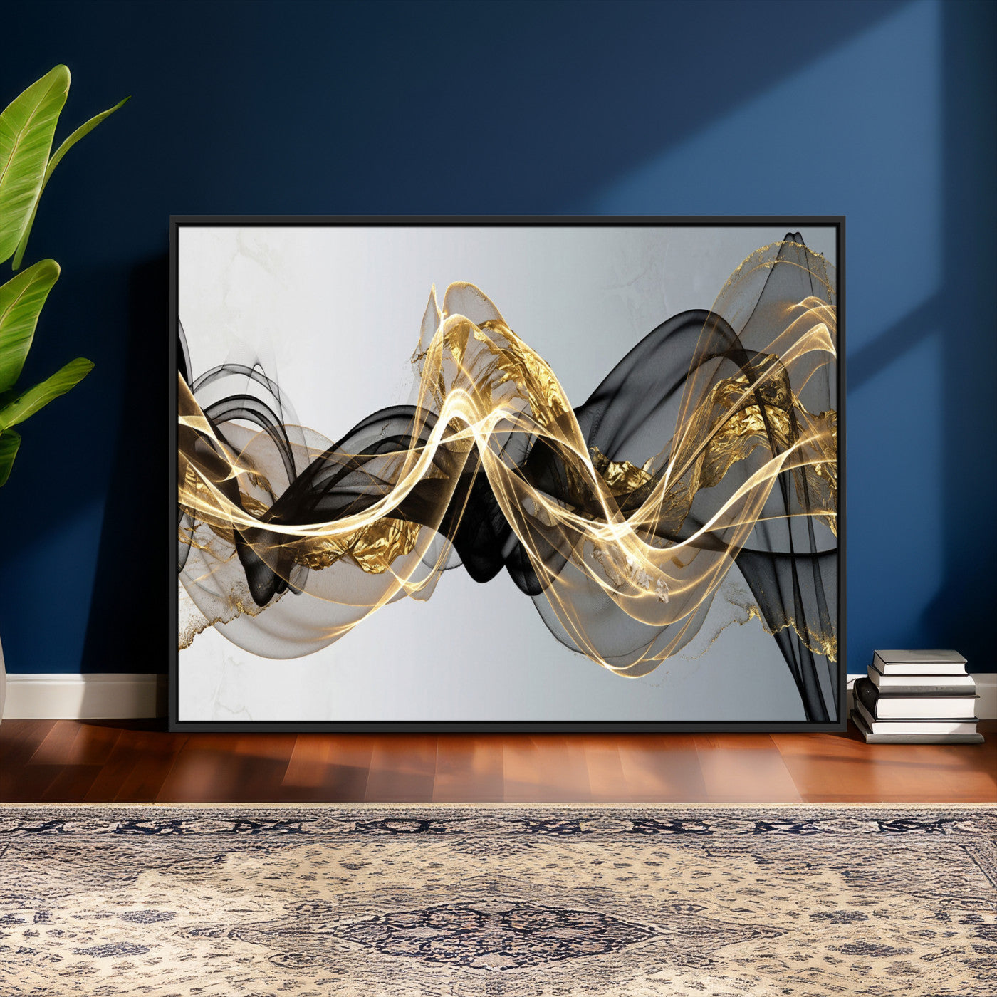 79483321DL-MGV-CV-36X24 - Black and Gold Abstract Wall Art, Modern Wave Canvas Print, Elegant Flowing Smoke Art, Luxury Living Room Decor