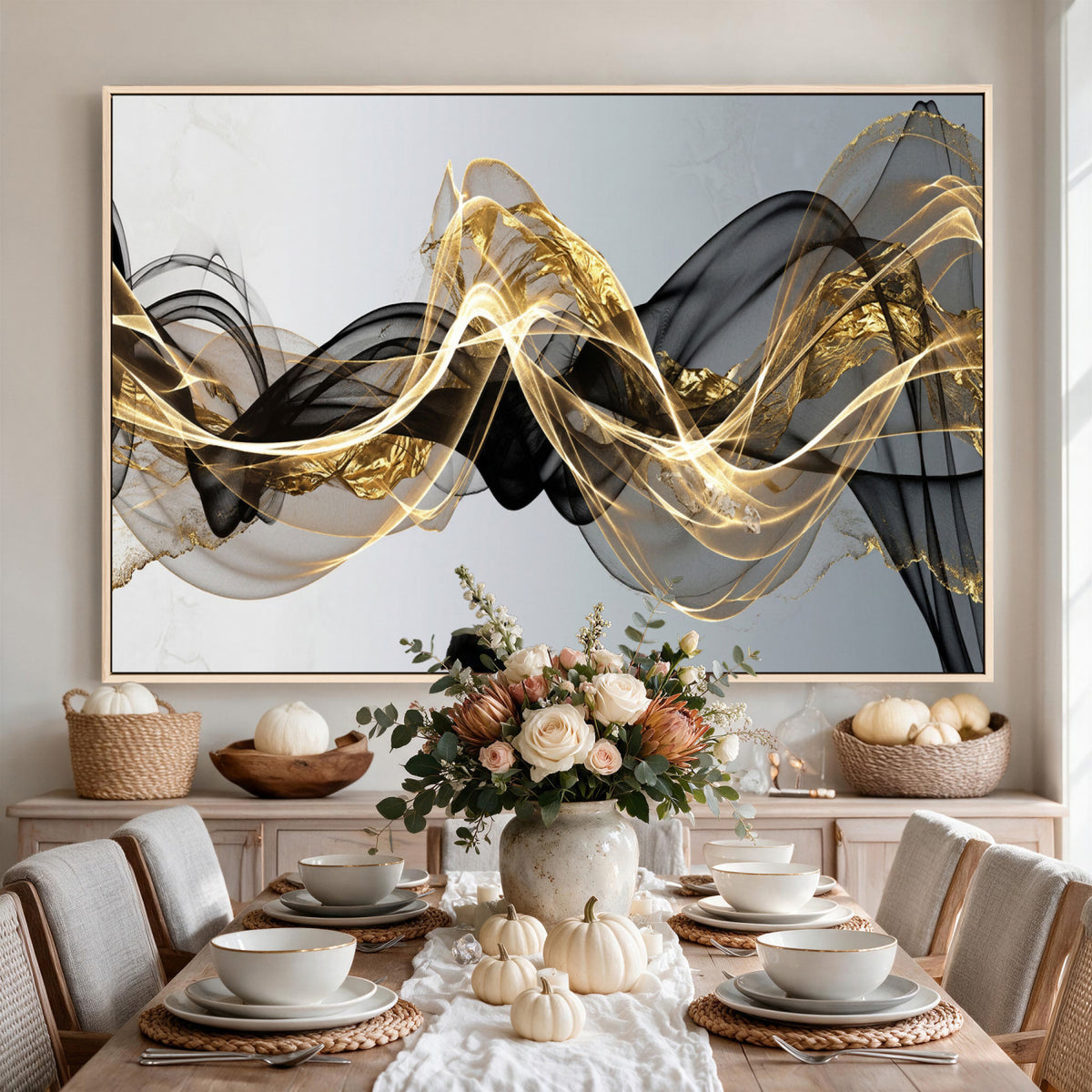 79483321DL-MGV-CV-36X24 - Black and Gold Abstract Wall Art, Modern Wave Canvas Print, Elegant Flowing Smoke Art, Luxury Living Room Decor