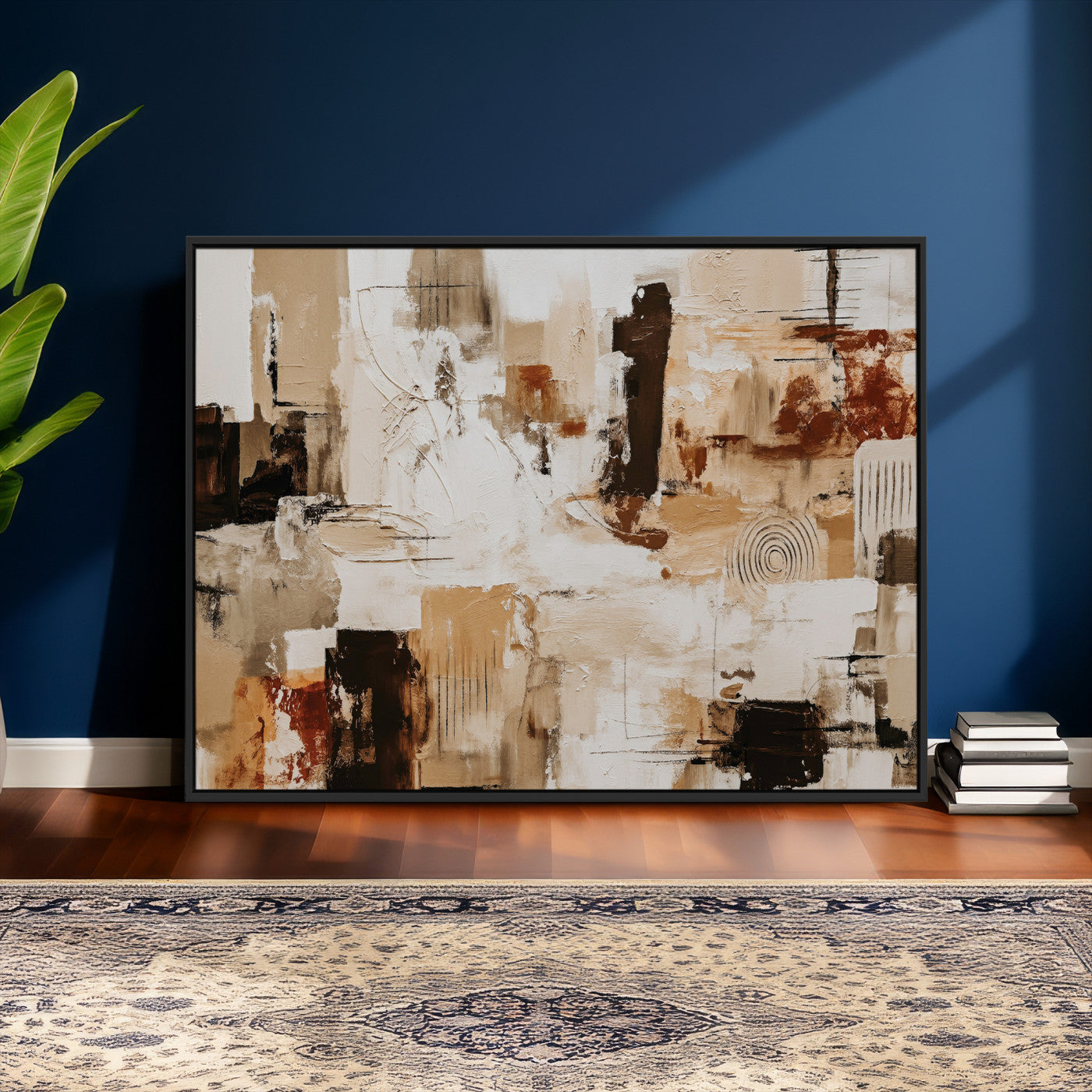 26560159-MGV-CV-36X24 - Blue Teal Abstract Canvas Wall Art, Modern Textured Painting Print, Navy Orange White Contemporary Art, Neutral Living Room Decor, Office Art