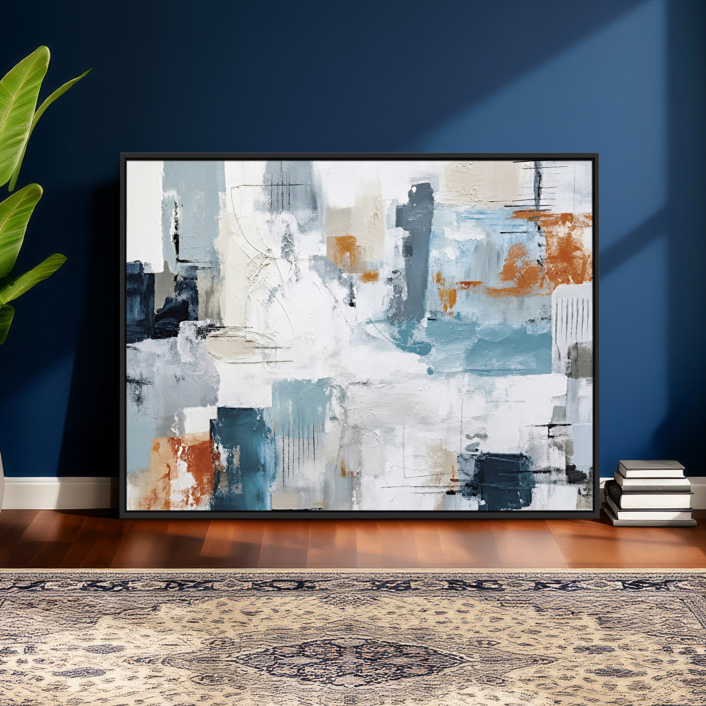 98638479-MGV-CV-36X24 - Blue Teal Abstract Canvas Wall Art, Modern Textured Painting Print, Navy Orange White Contemporary Art, Neutral Living Room Decor, Office Art