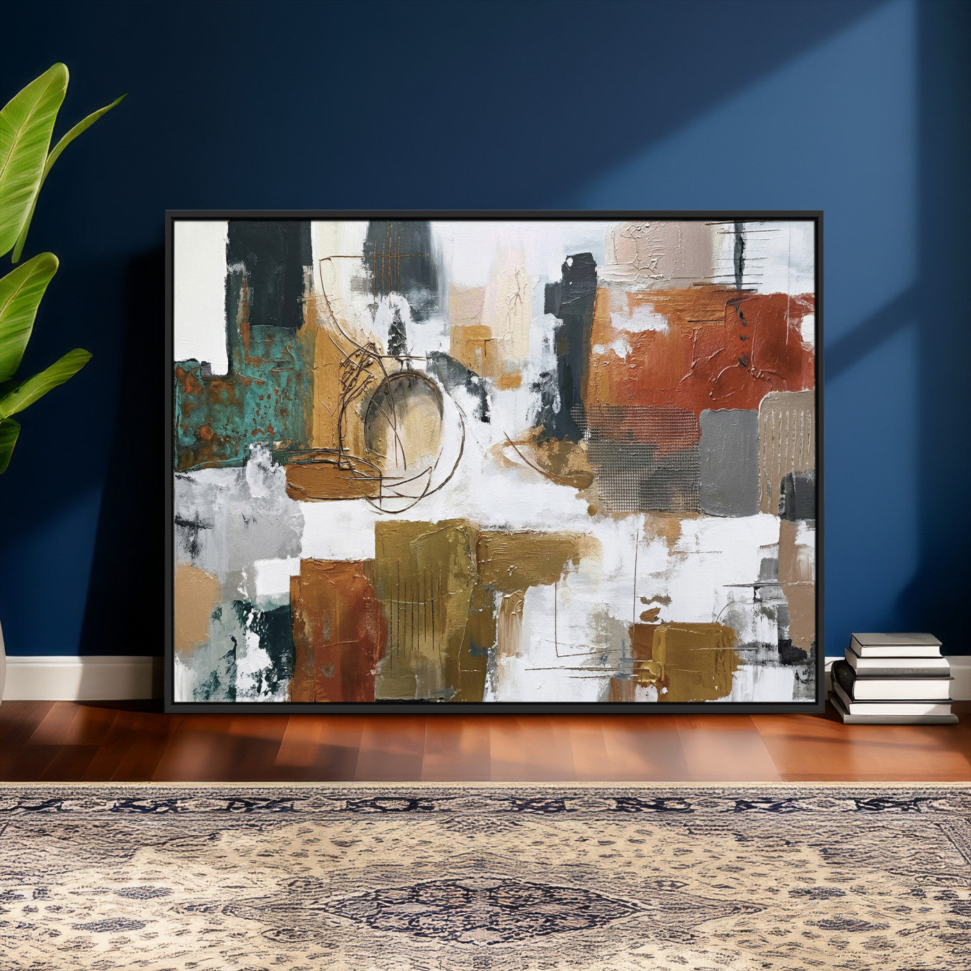 50720312-MGV-CV-36X24 - Blue Teal Abstract Canvas Wall Art, Modern Textured Painting Print, Navy Orange White Contemporary Art, Neutral Living Room Decor, Office Art