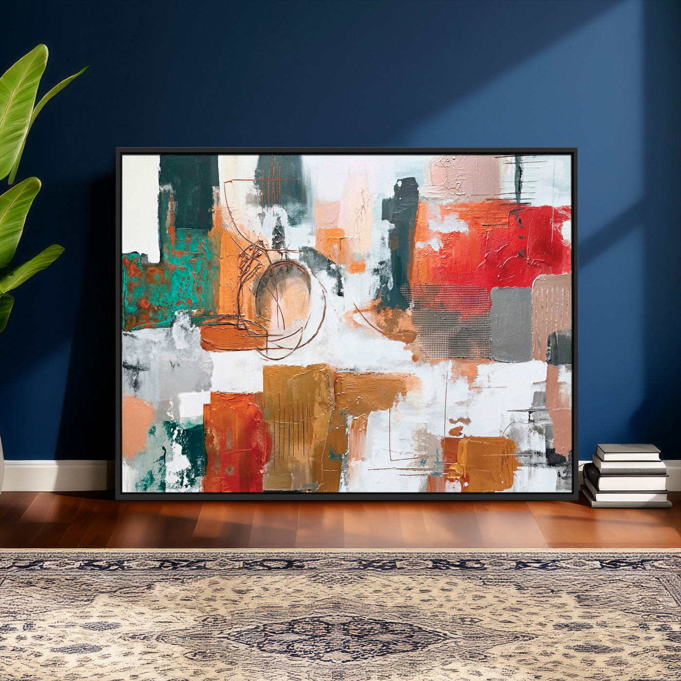 50720312-MGV-CV-36X24 - Blue Teal Abstract Canvas Wall Art | Modern Textured Painting Print, Navy Orange White Contemporary Art, Neutral Living Room Decor, Office Art.