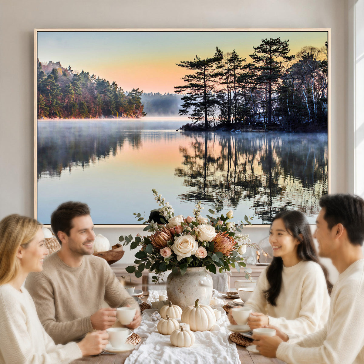 34236027-MGV-CV-36X24 - Before People Wake Canvas Wall Art Print, Misty Lake Sunrise Landscape, Forest Reflection Nature Decor, Ready to Hang