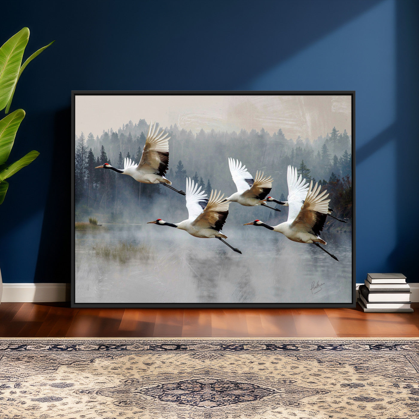 24356826-MGV-CV-36X24 - Flying Crane Canvas Wall Art Print, White Crane Bird Artwork, Wildlife Nature Decor, Lake Landscape Canvas, Ready to Hang