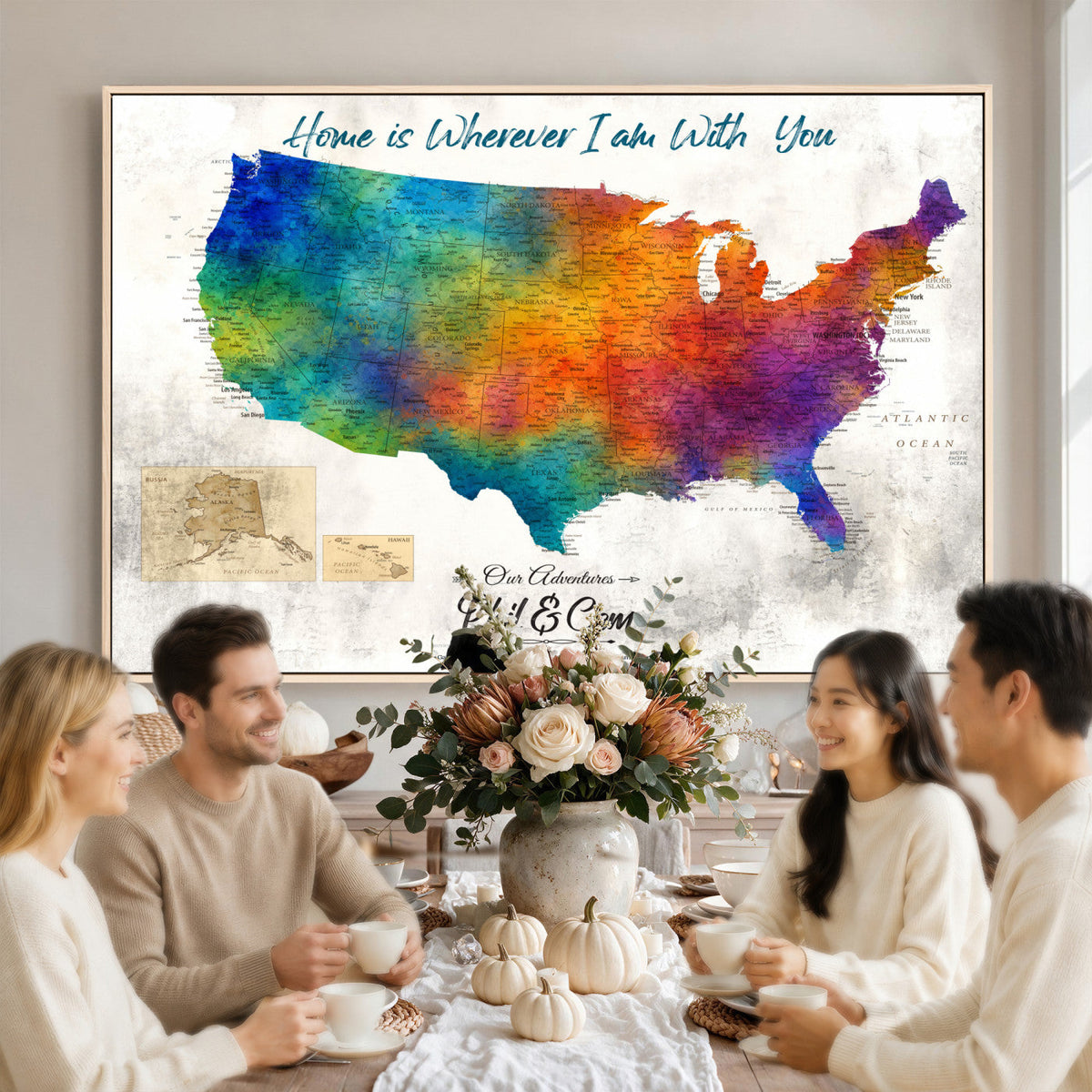17251793-MGV-CV-36X24 - Watercolor USA Travel Map with Pins Colorful Modern Canvas Wall Art