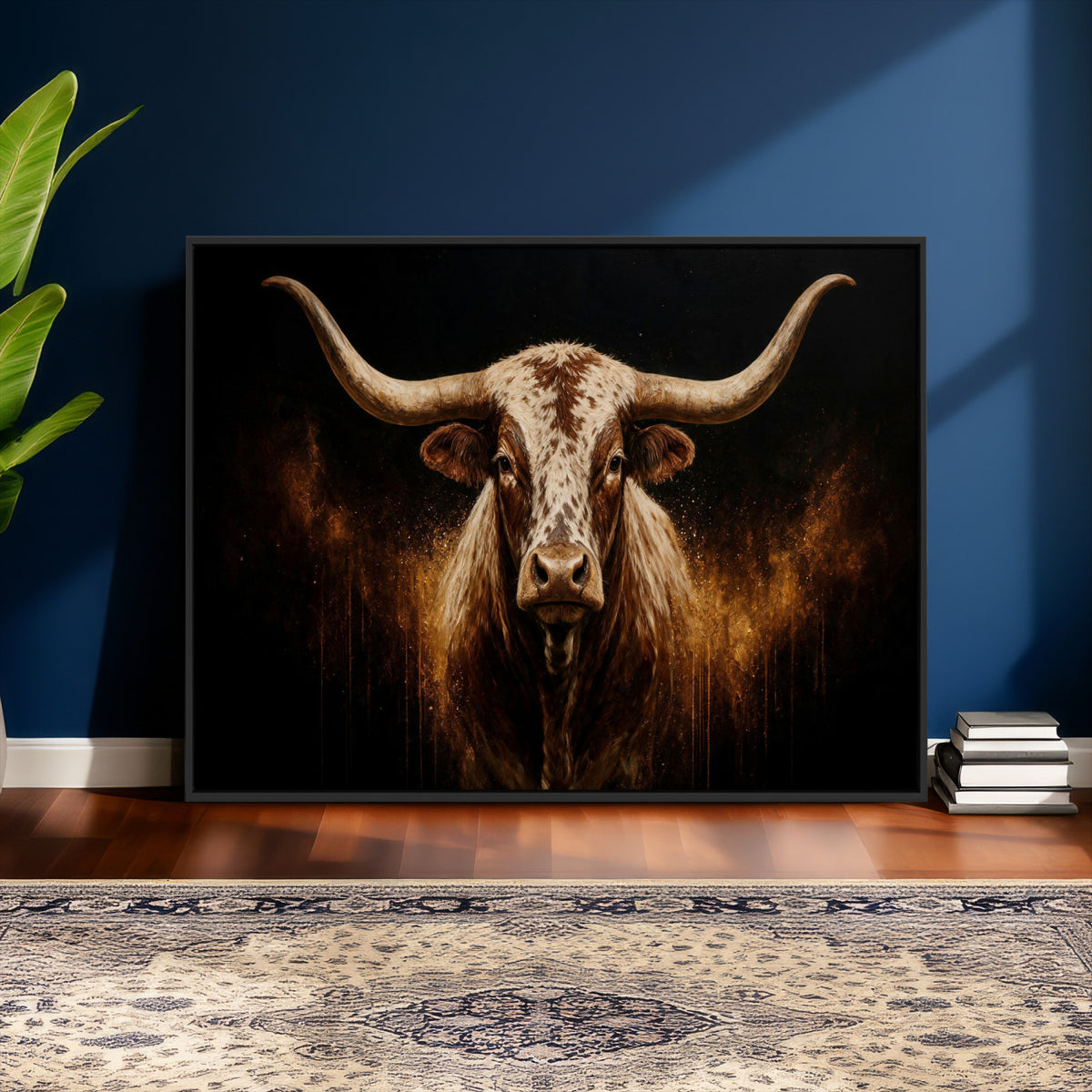 62076449-MGV-CV-36X24 - Texas Bull Cow Longhorn Canvas Wall Art Moody Western Bull Oil Painting Print