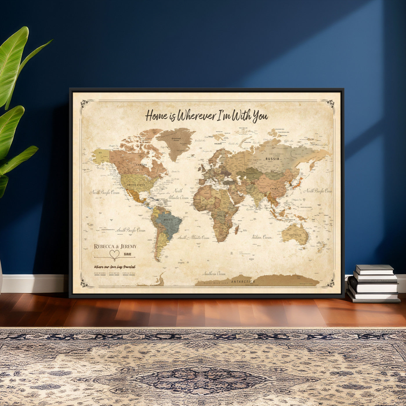 40086165-MGV-TP-30X20 - Framed Vintage Custom Push Pin World Map Canvas Print – Personalized Travel Map Wall Art