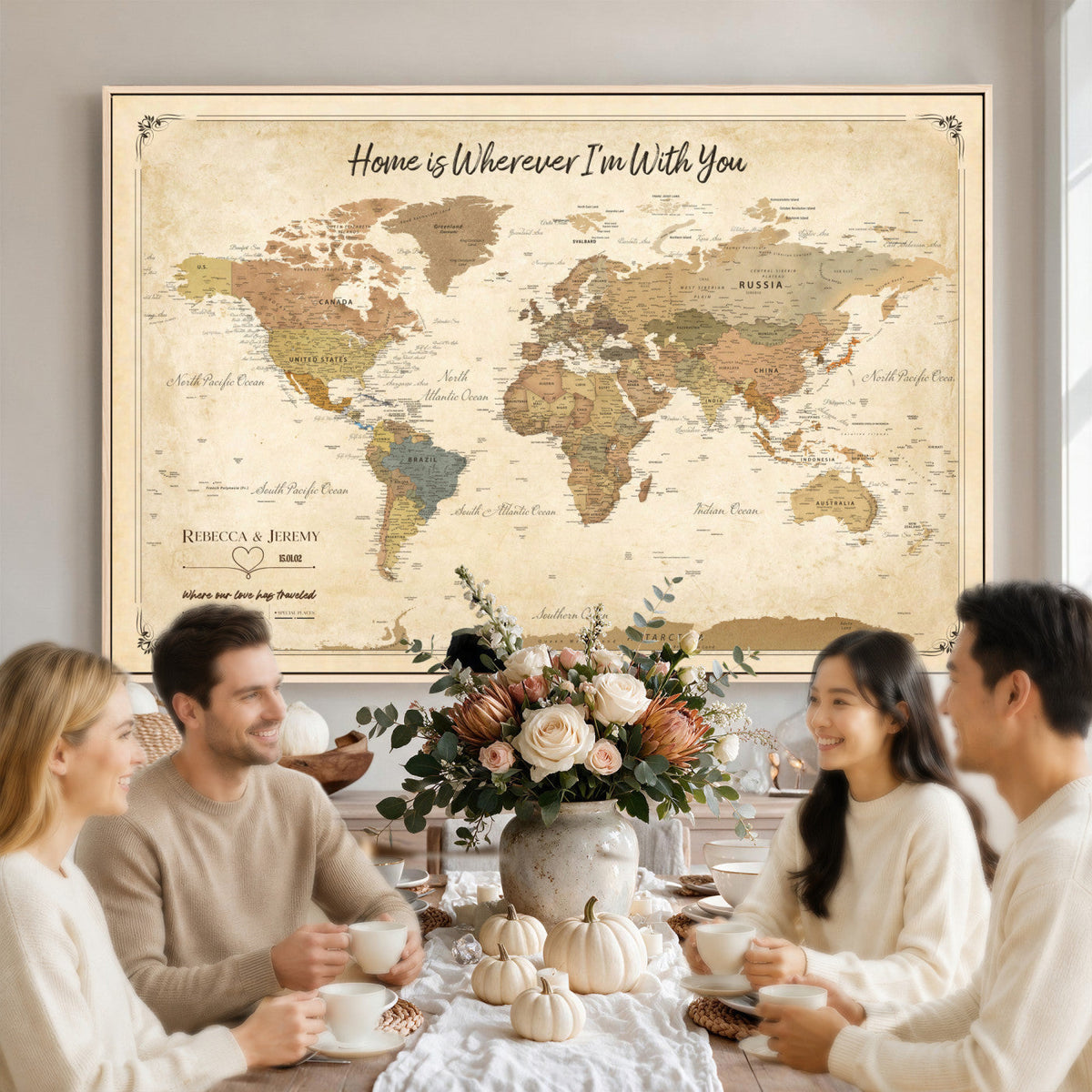40086165-MGV-TP-30X20 - Framed Vintage Custom Push Pin World Map Canvas Print | Personalized Travel Map Wall Art