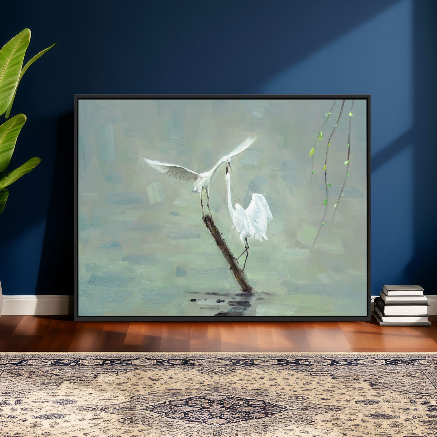 91124838-MGV-CV-36X24 - Two White Egrets on Marsh Branch Wall Art Canvas Print - Vintage Style Coastal Bird Poster