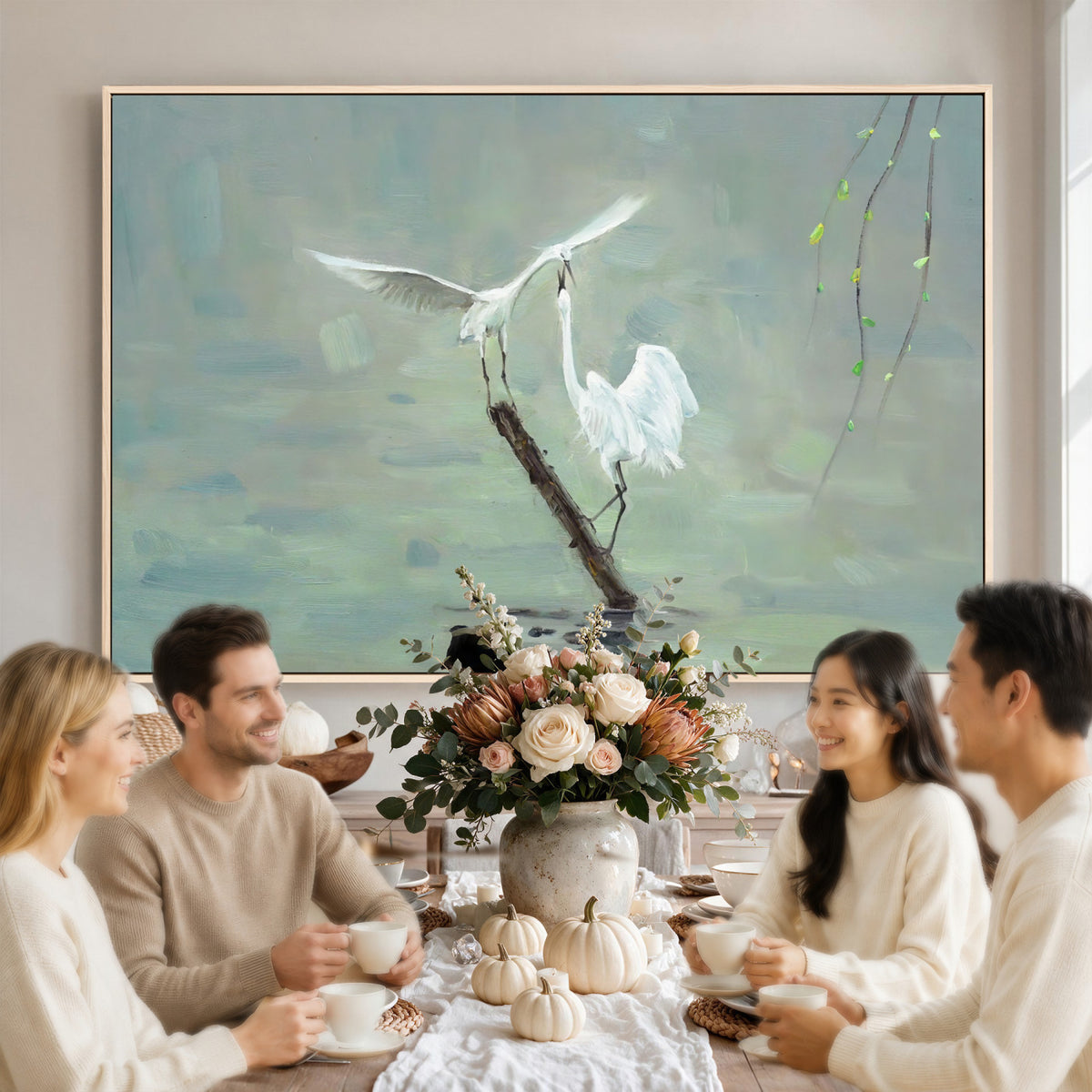 91124838-MGV-CV-36X24 - Two White Egrets on Marsh Branch Wall Art Canvas Print - Vintage Style Coastal Bird Poster