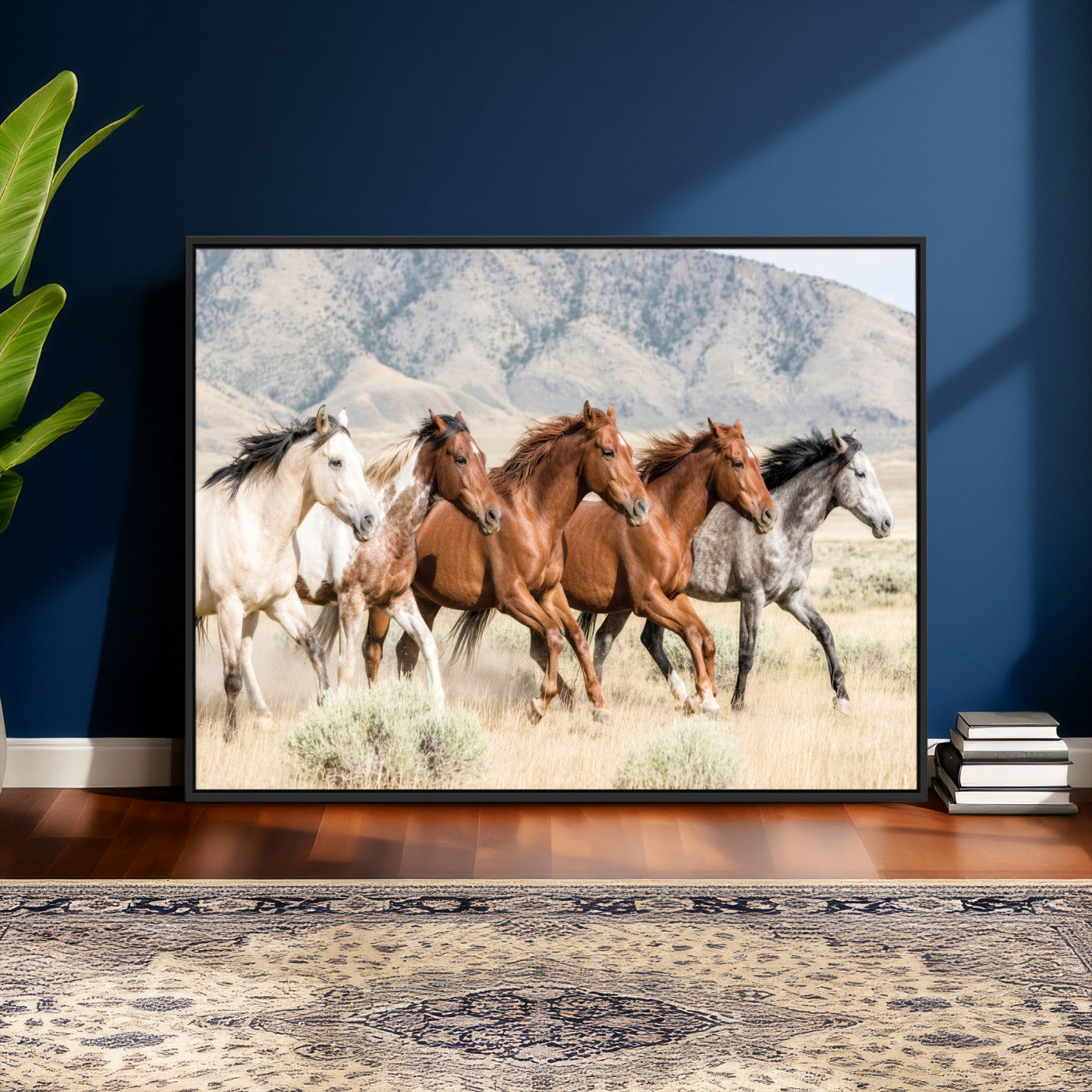 68345893-MGV-CV-36X24 - Five Mustangs Running Wild in Mountain Valley Wall Art Canvas Print - Rustic Western Decor