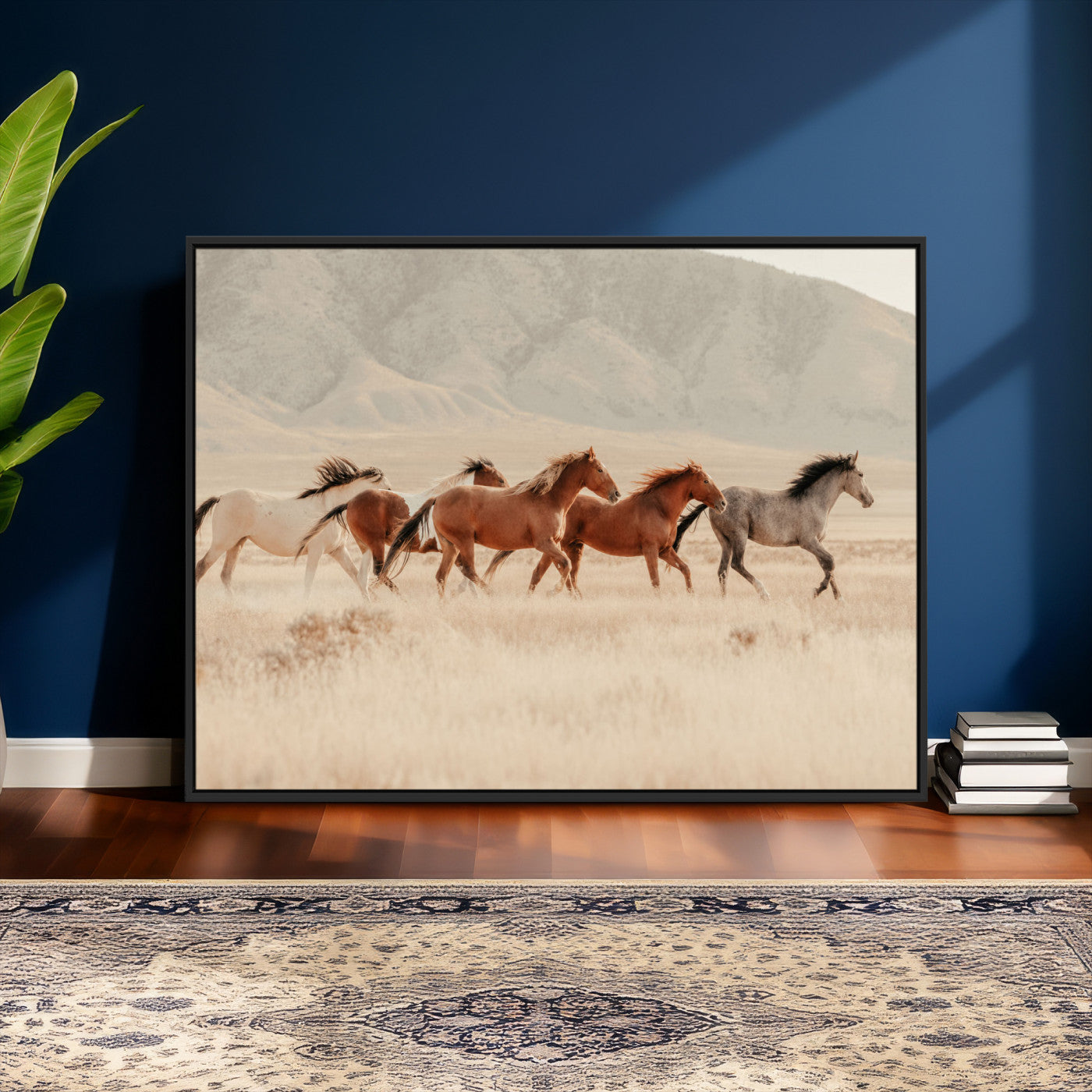 43348446-MGV-CV-36X24 - Herd of Wild Horses Running in Desert Mountain Wall Art Canvas Print - Boho Western Landscape