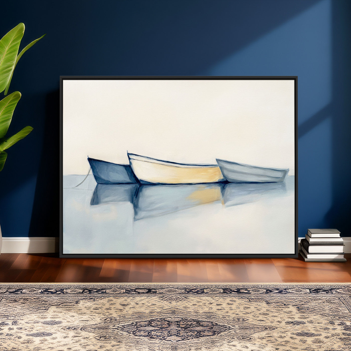 84017361-MGV-CV-36X24 - Abstract Three Boats Reflecting on Water Wall Art Canvas Print - Minimalist Coastal Seascape