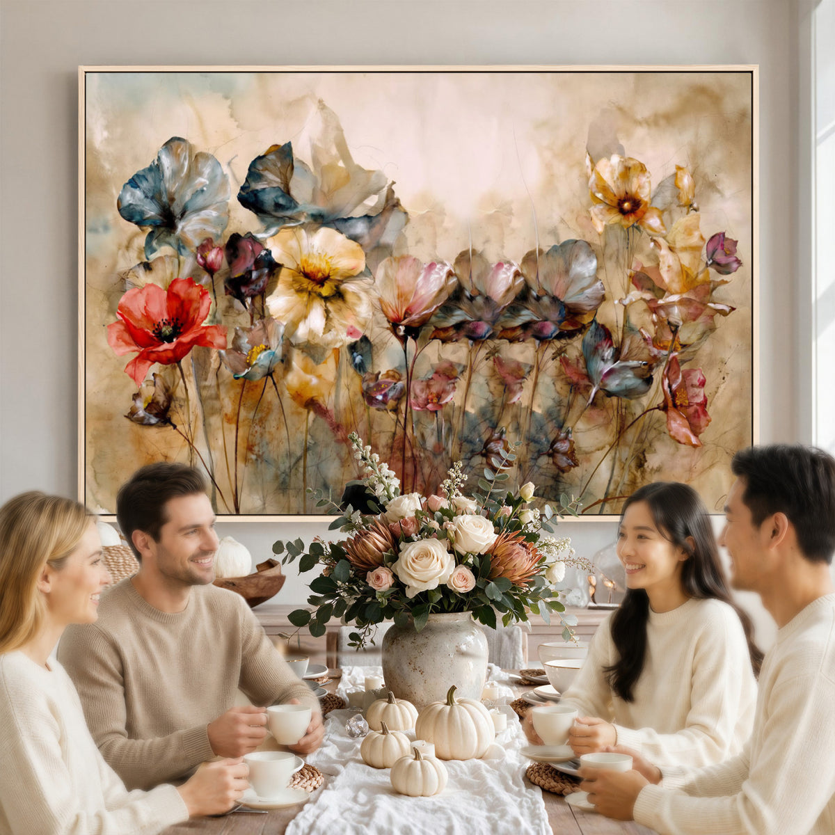 11407233-MGV-CV-36X24 - Vintage Dried Floral Meadow Wall Art Canvas Print, Translucent Watercolor Flowers Painting Print