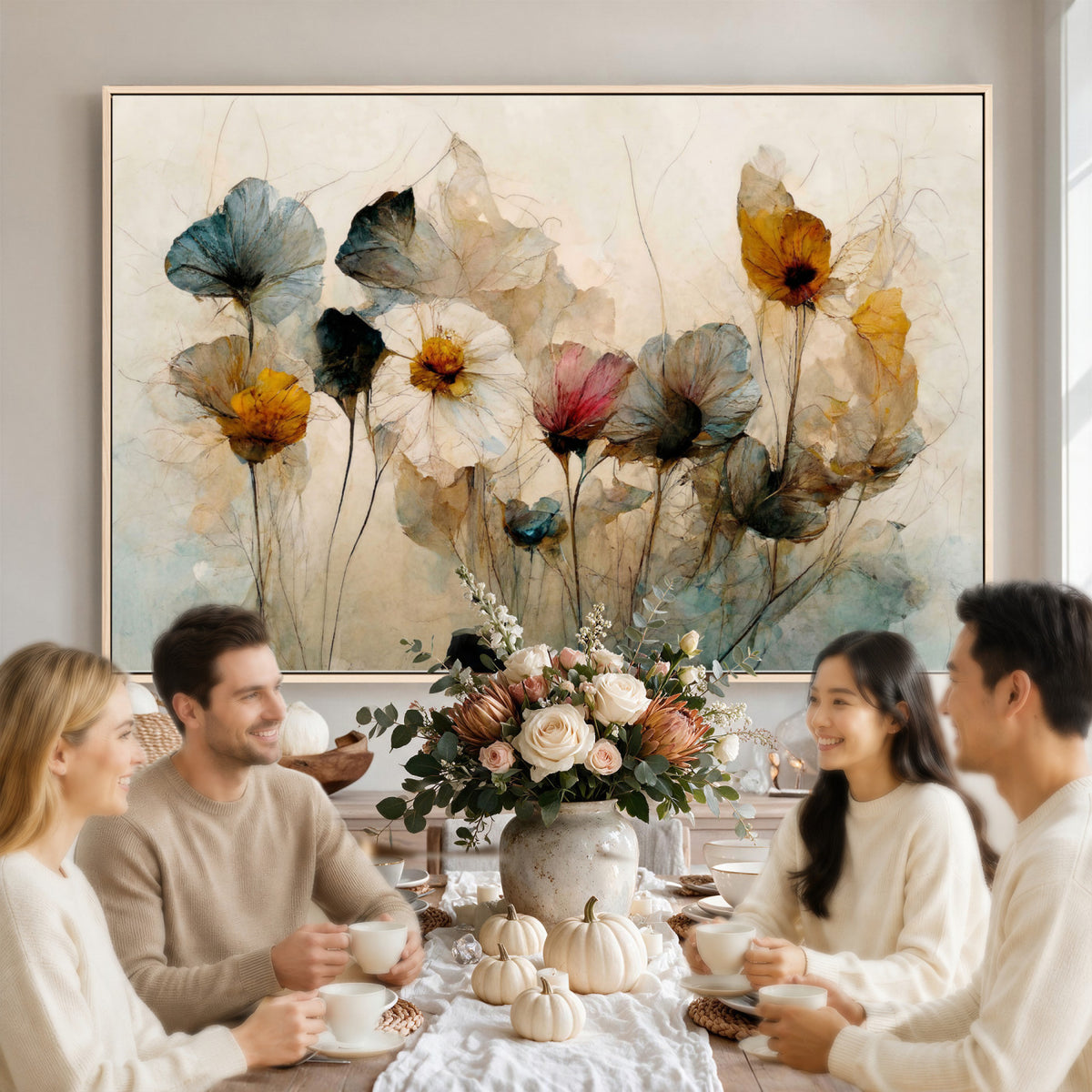 86802229-MGV-CV-36X24 - Vintage Dried Floral Meadow Wall Art Canvas Print, Translucent Watercolor Flowers Painting Print