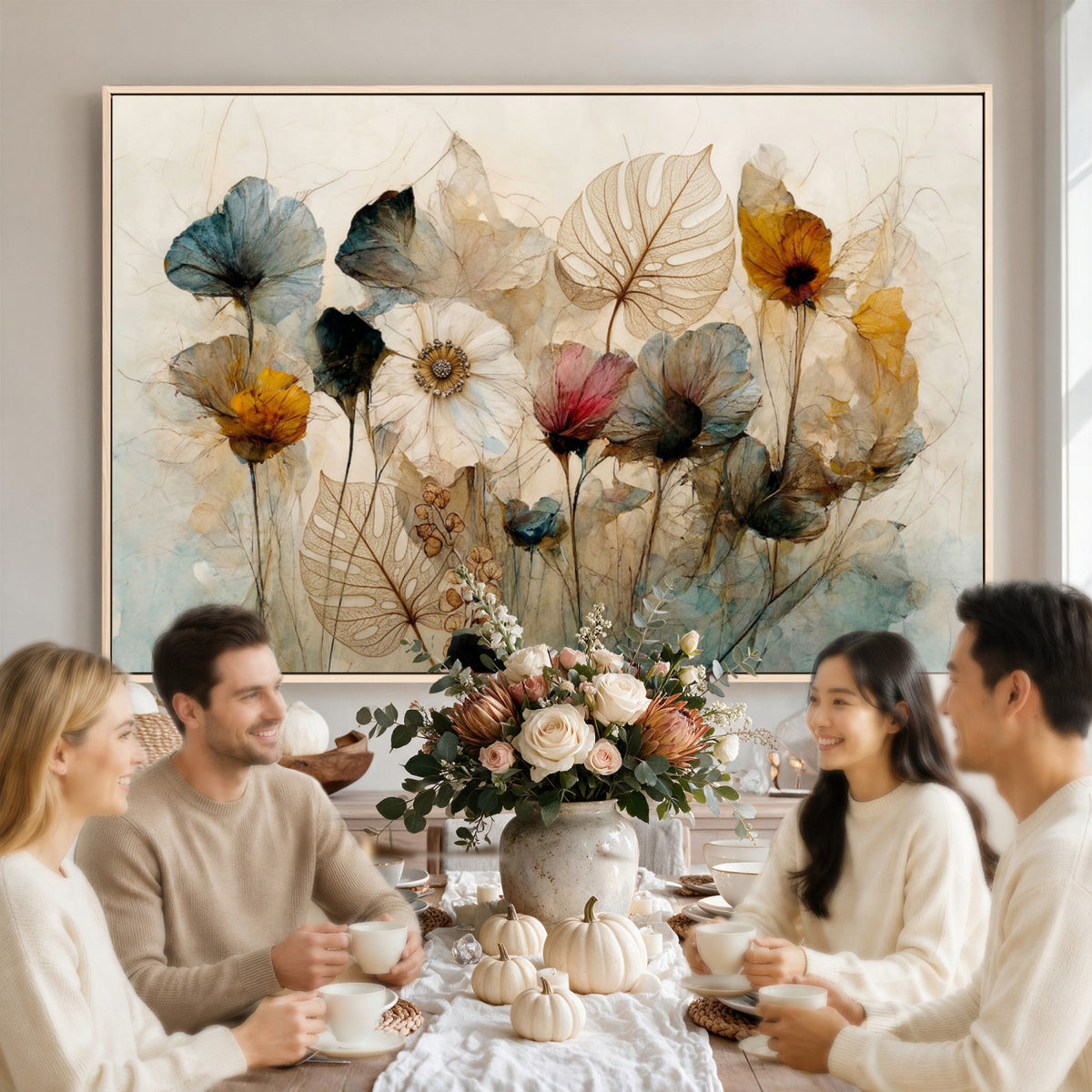 93171612-MGV-CV-36X24 - Vintage Dried Floral Meadow Wall Art Canvas Print, Translucent Watercolor Flowers Painting Print