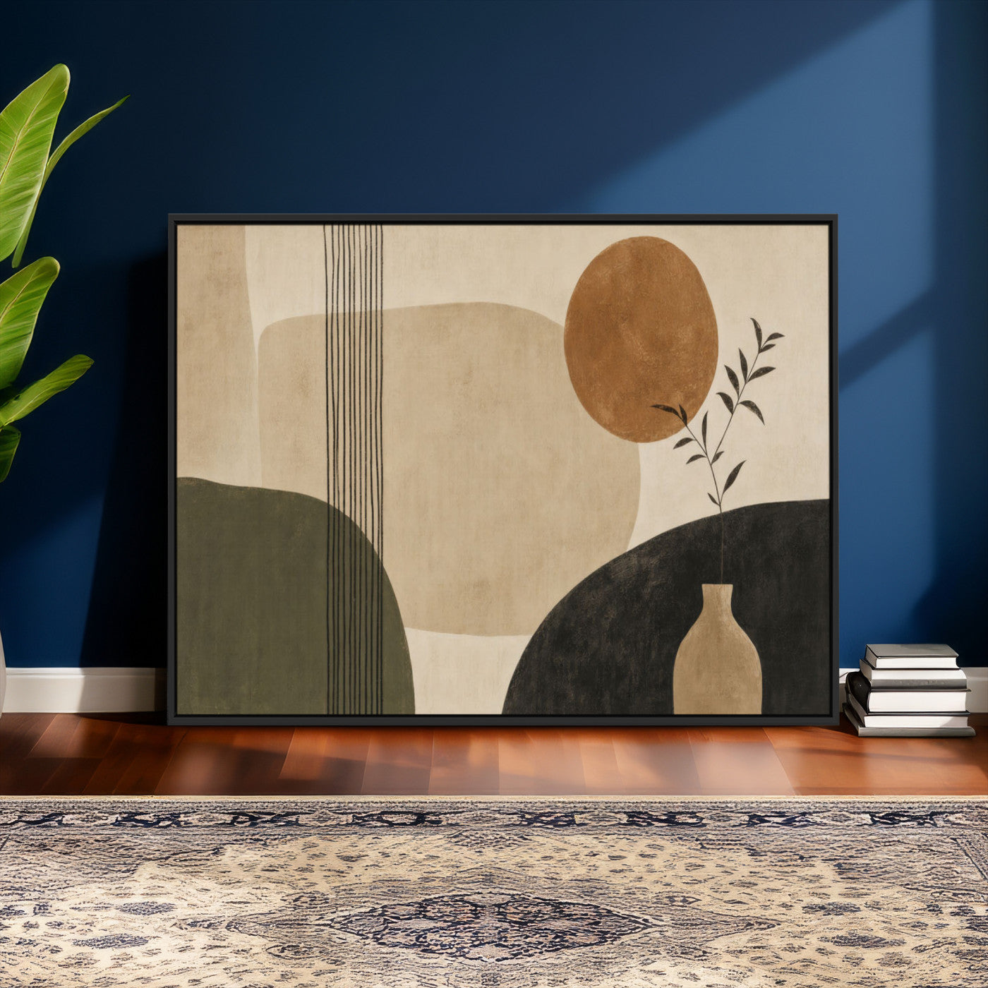 29113684-MGV-CV-36X24 - Japandi Minimalist Abstract Wall Art Canvas Print, Sage Green and Terracotta Sun Botanical Painting Print