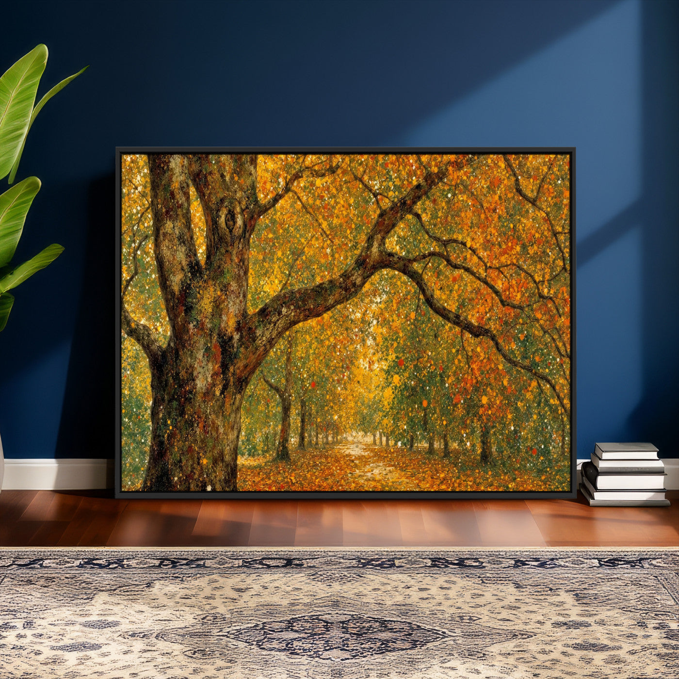 11536138-MGV-CV-36X24 - Vintage Autumn Forest Path Wall Art Canvas Print, Golden Leaves Impressionist Painting Print