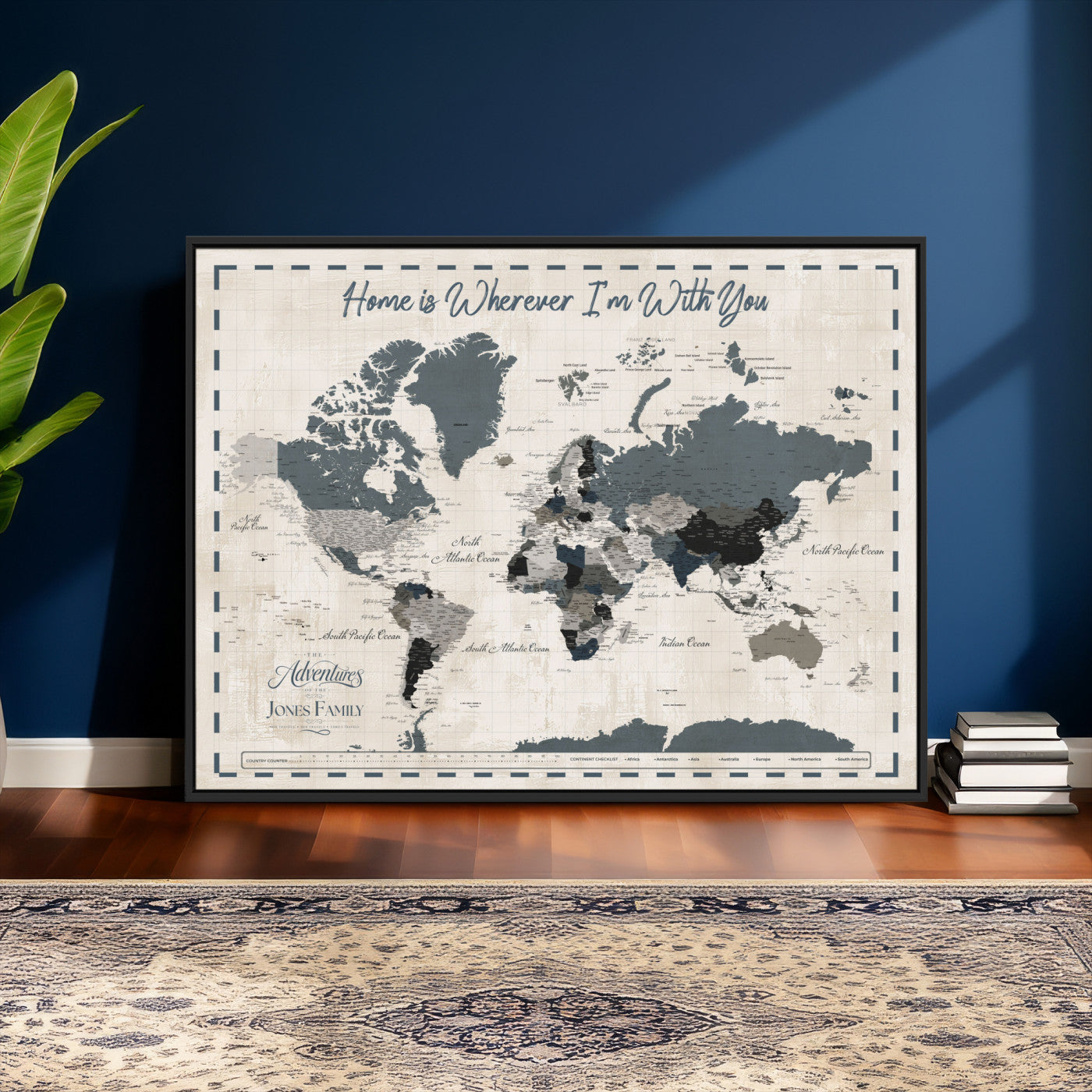 400867164-MGV-CV-36X24 - Framed Blue Custom Push Pin World Map Canvas Print – Personalized Travel Map Wall Art