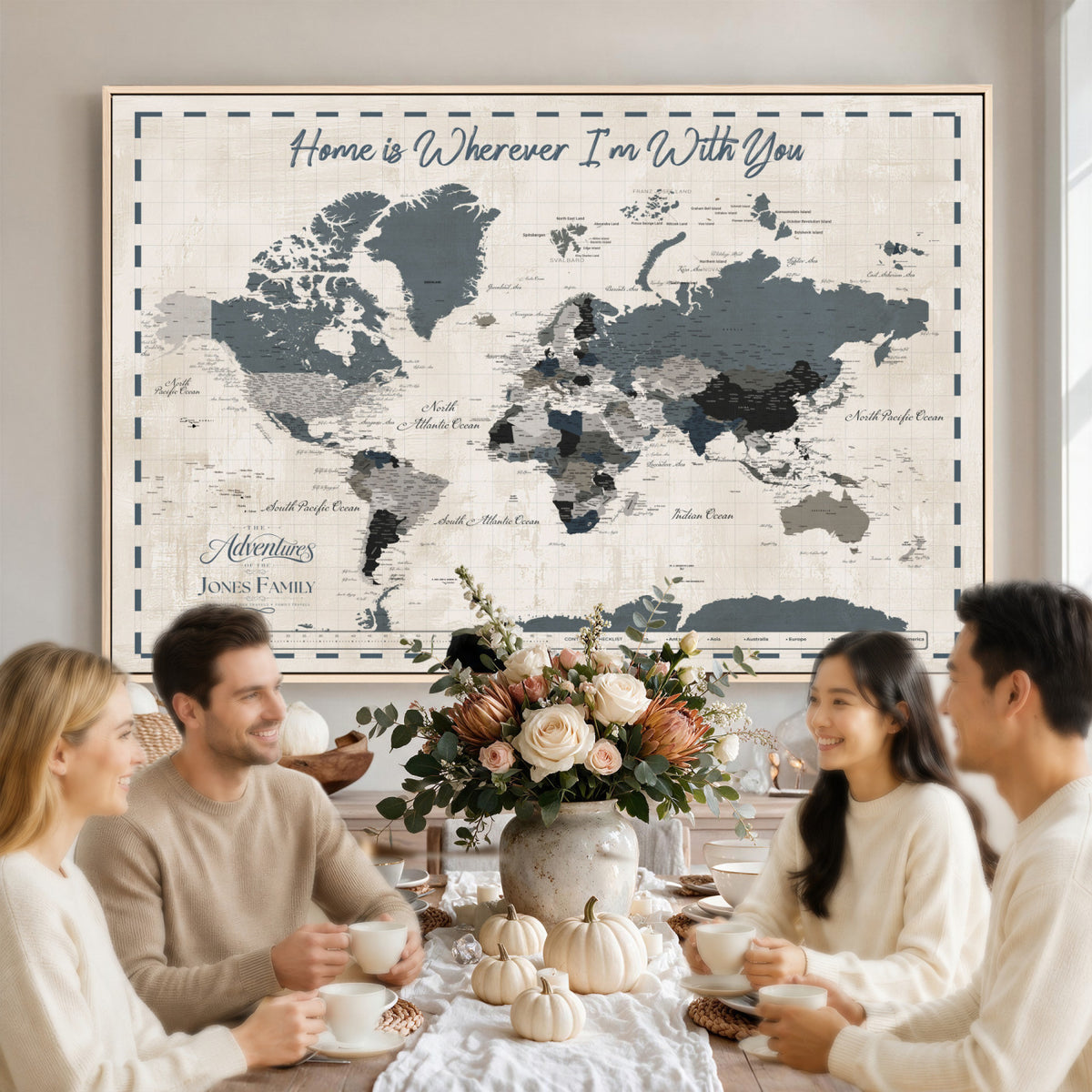 400867164-MGV-CV-36X24 - Framed Blue Custom Push Pin World Map Canvas Print – Personalized Travel Map Wall Art