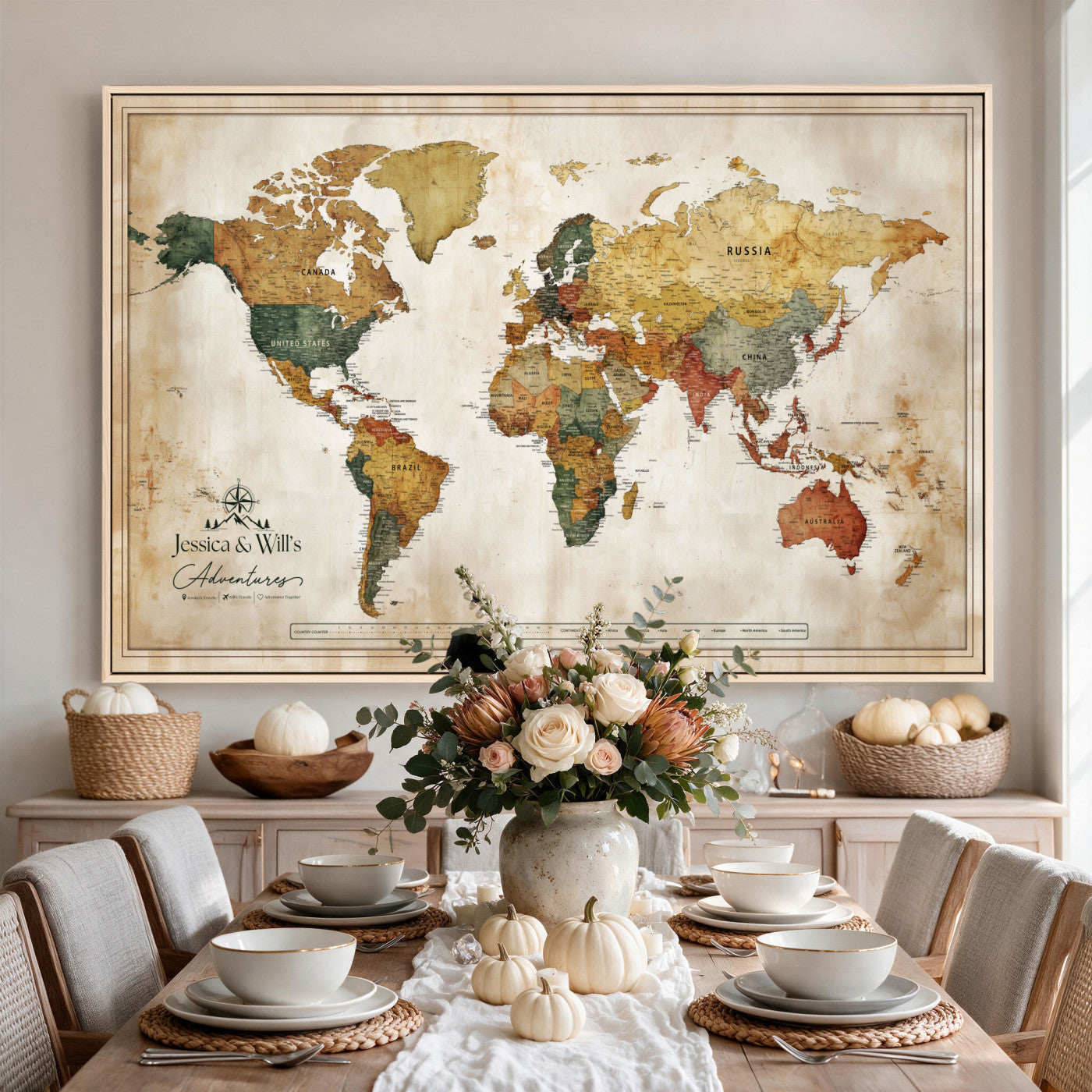 19542567-MGV-CV-36X24 - Custom Push Pin World Map Canvas | Personalized Travel Tracker | Wedding Anniversary Gift for Couples - Adventure Map Wall Art with Pins