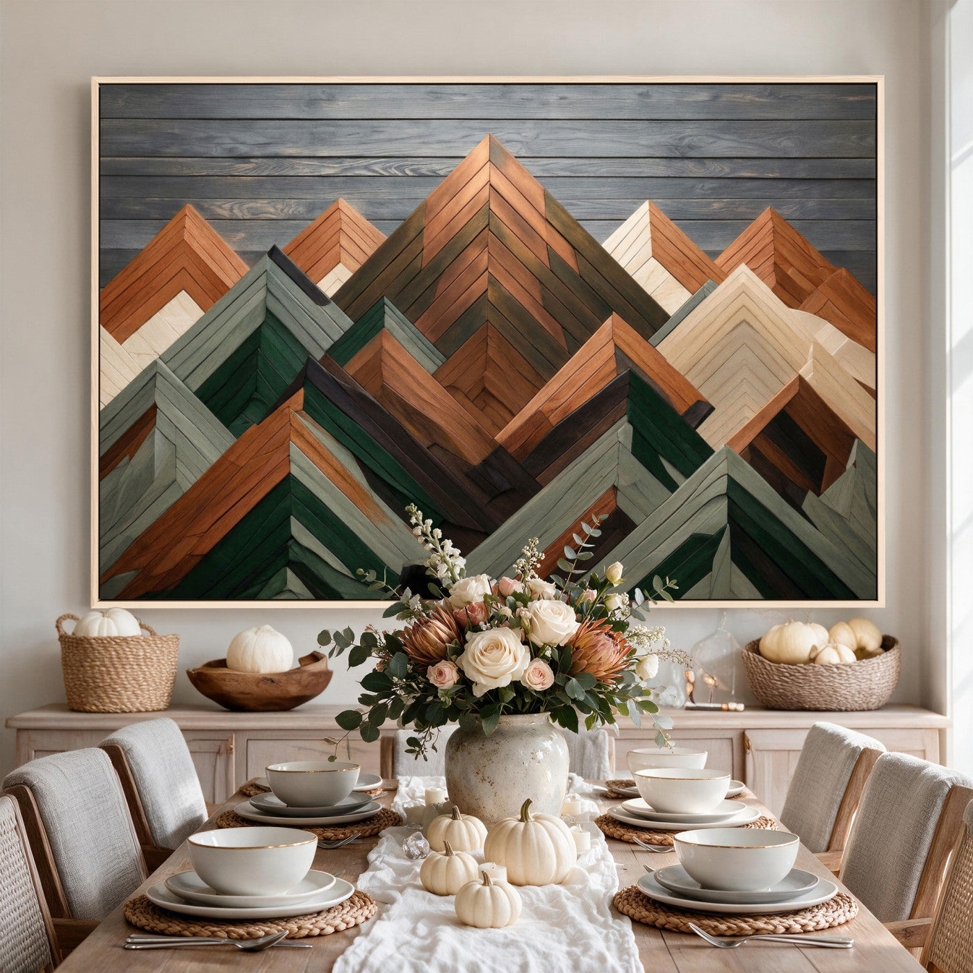 84617347-MGV-CV-36X24 - Geometric Wood Mountain Wall Art Canvas Print, 3D Look Rustic Mosaic Landscape Print