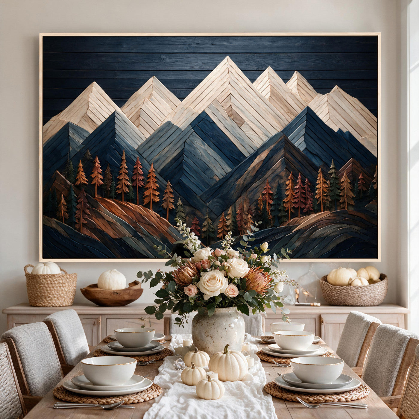 87765072-MGV-CV-36X24 - Geometric Wood Mountain Wall Art Canvas Print, 3D Look Rustic Mosaic Landscape Print