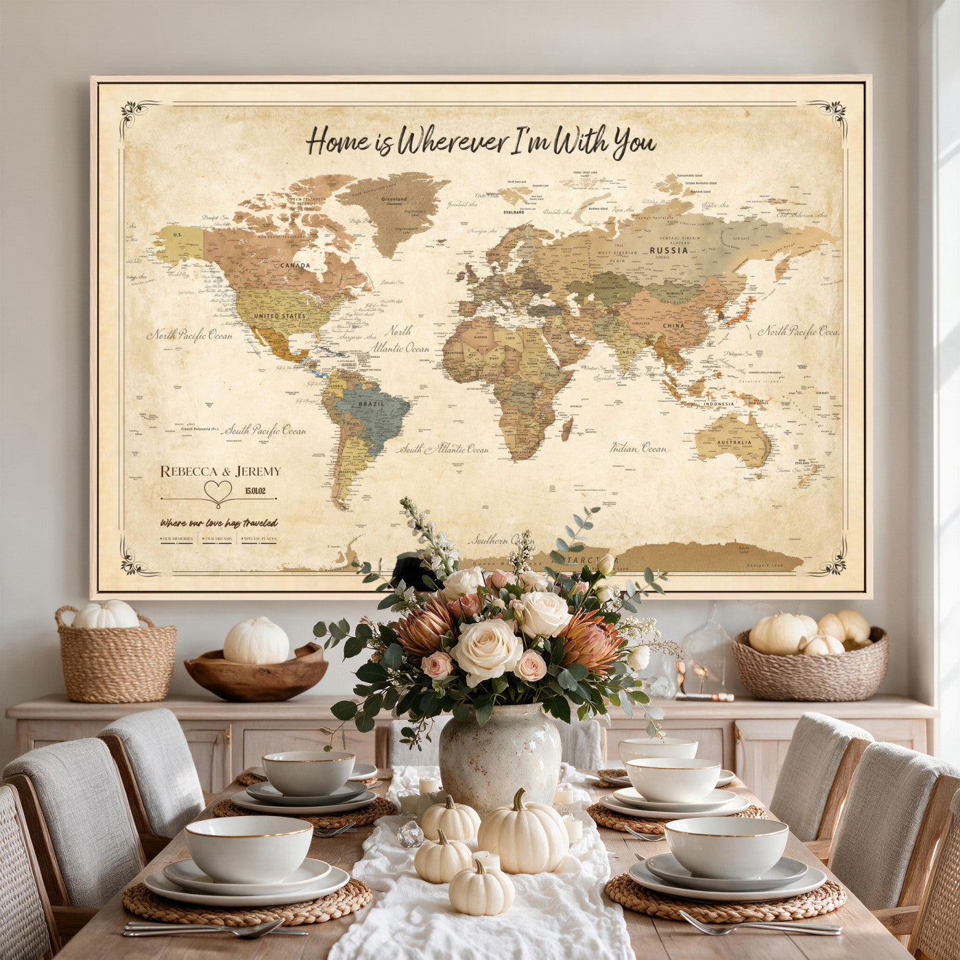 40086165SP-MGV-CV-36X24 - Custom Push Pin Travel Map Canvas Print, Cream Personalized Travel Tracker Map, Anniversary Gift, Vintage World Map Wall Art