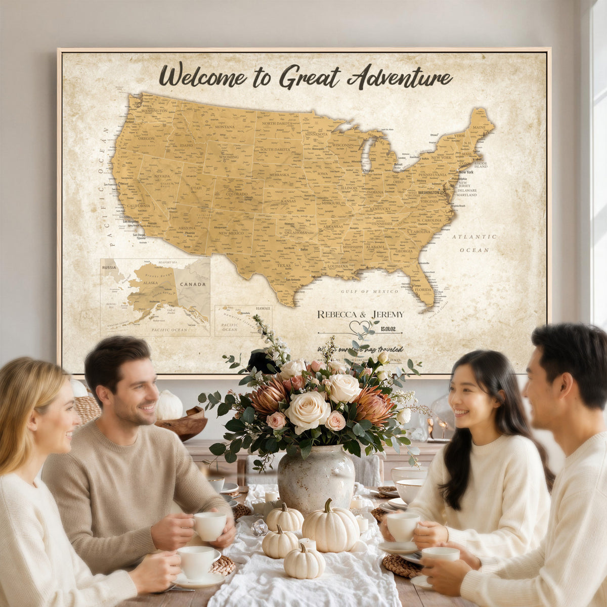 81437082-MGV-CV-36X24 - Custom Push Pin Travel USA Map Canvas Print, Cream Personalized Travel Tracker America Map, Anniversary Traveler Gift