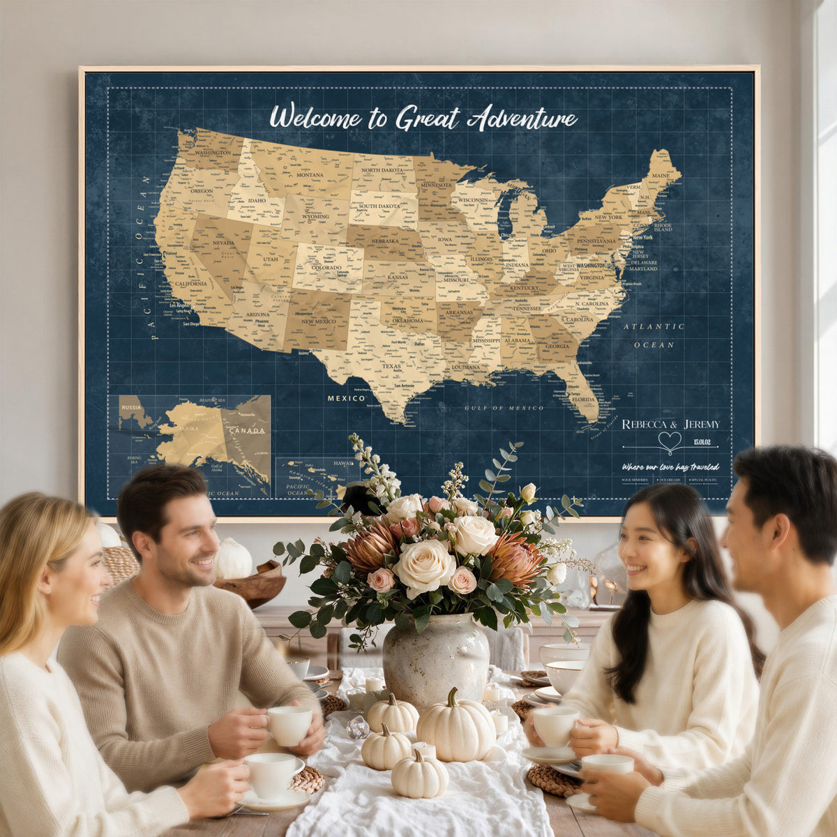 58851035-MGV-CV-36X24 - Custom Push Pin Travel USA Map Canvas Print, Cream Personalized Travel Tracker America Map, Anniversary Traveler Gift