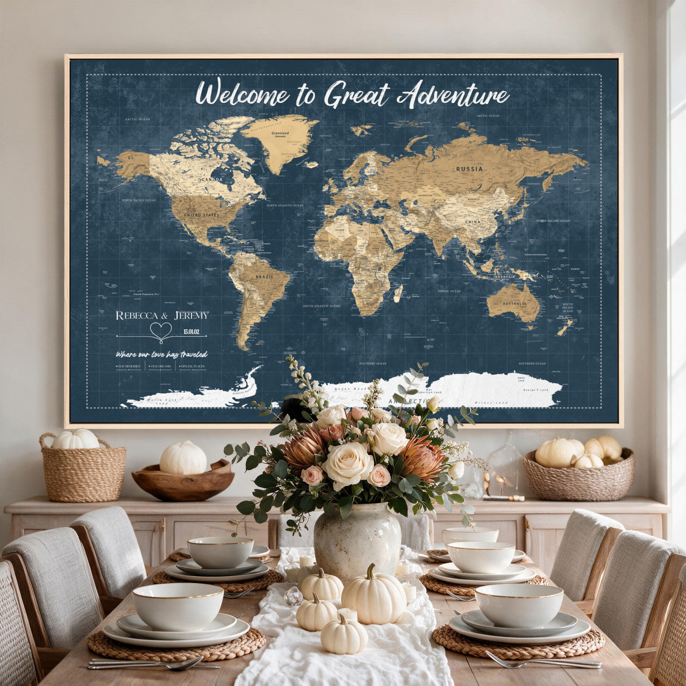 57167164-MGV-CV-36X24 - Custom Push Pin Travel Map Canvas Print, Cream Personalized Travel Tracker Map, Anniversary Gift, Vintage World Map Wall Art