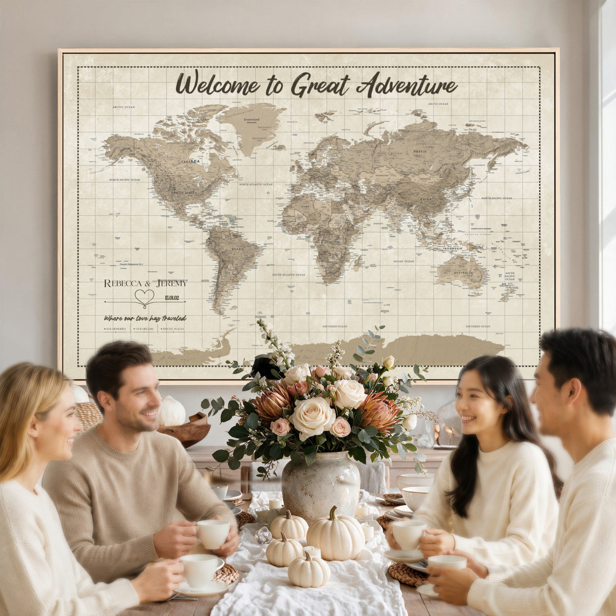 51180020-MGV-CV-36X24 - Custom Push Pin Travel Map Canvas Print, Cream Personalized Travel Tracker Map, Anniversary Gift, Vintage World Map Wall Art