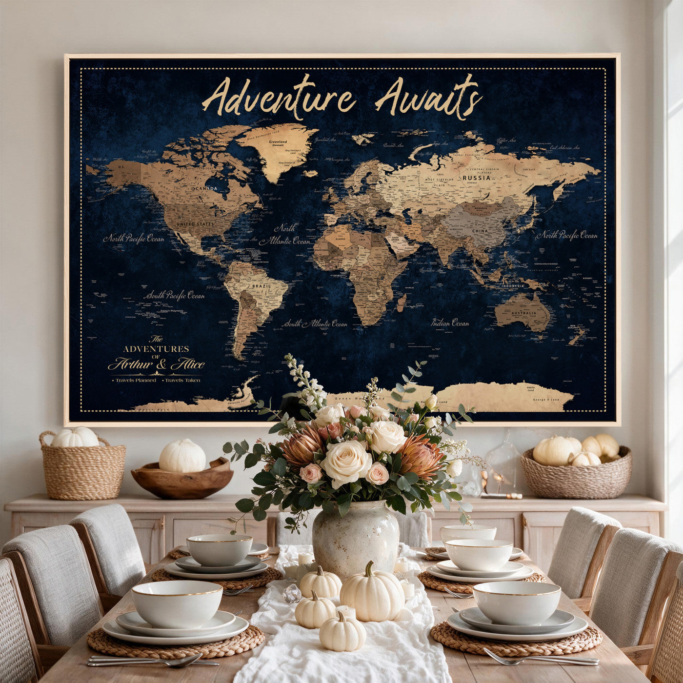 57167164-MGV-CV-36X24 - Custom Push Pin Travel Map Canvas Print, Navy Blue Personalized Travel Tracker Map, Anniversary Gift, Vintage World Map Wall Art
