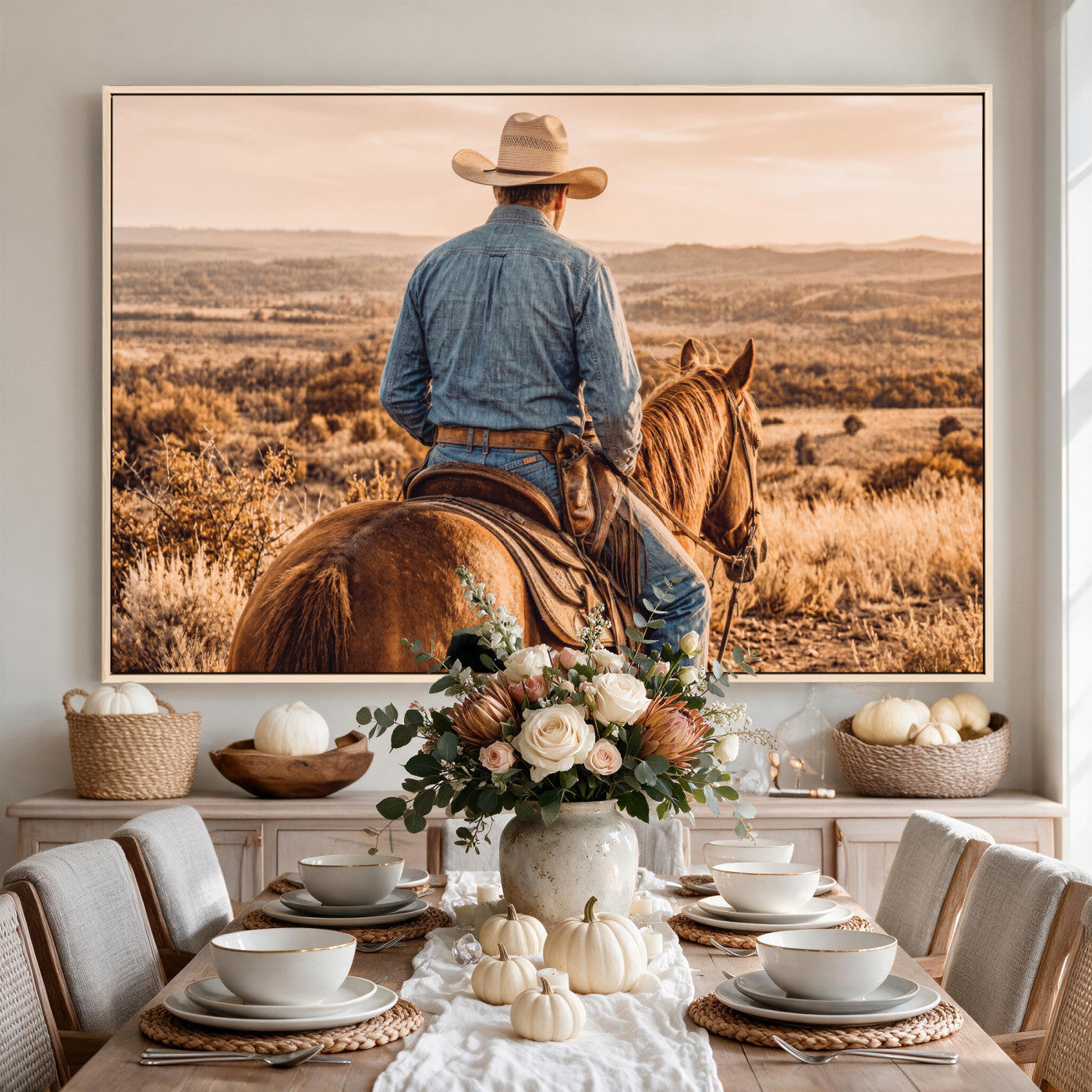 62076449-MGV-CV-36X24 - Texas Cowboy and Horse Print for Western Wall Art Decor for Farmhouse