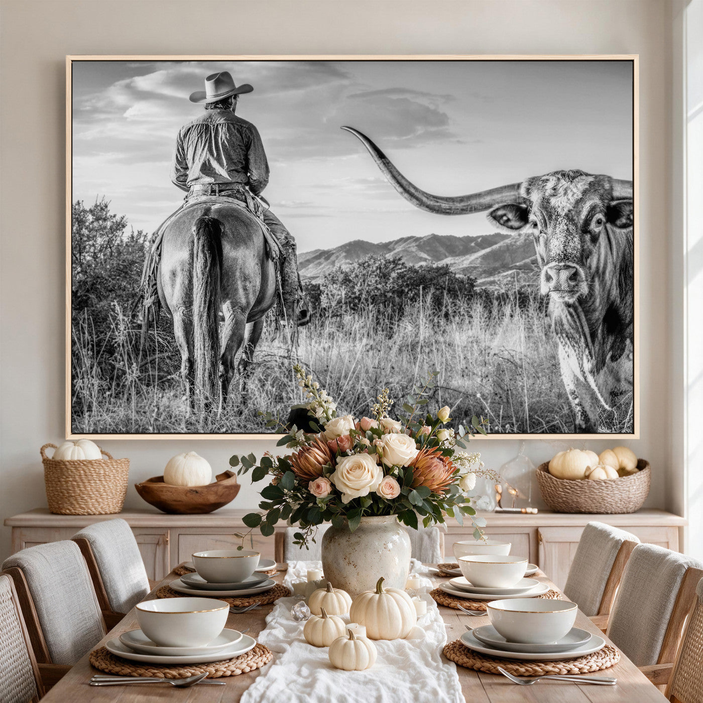 62076449WB-MGV-CV-36X24 - Texas Cowboy and Longhorn Bull Print for Western Wall Art Decor for Farmhouse
