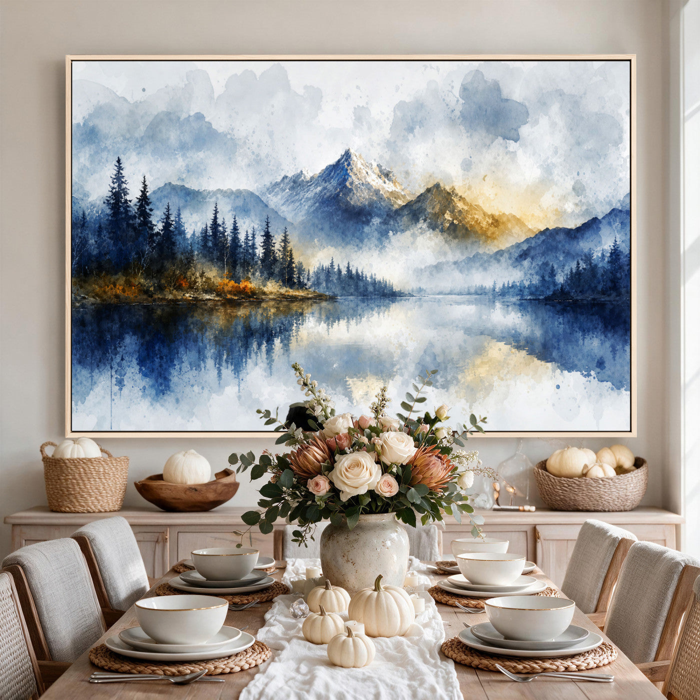 62076449DG-MGV-CV-36X24 - Abstract Watercolor Mountain Lake Wall Art Print for Living Room Decor