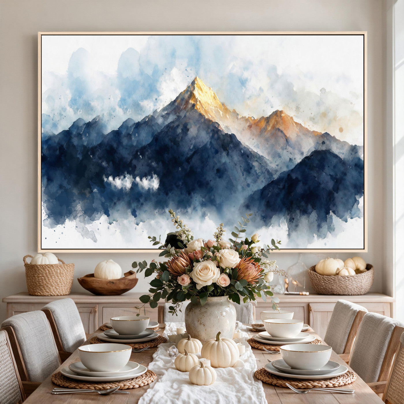 62076449DG1-MGV-CV-36X24 - Abstract Watercolor Mountain Lake Wall Art Print for Living Room Decor