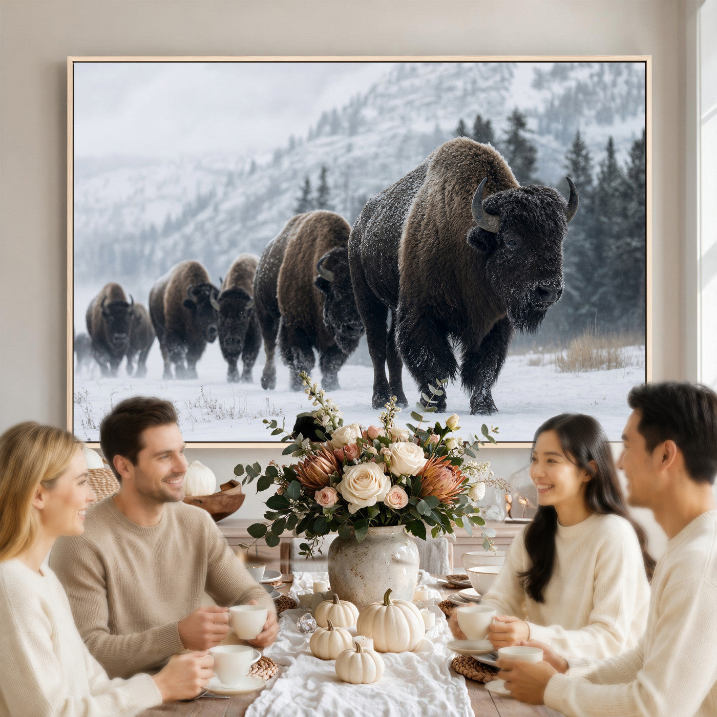 18343289-MGV-CV-36X24 - Rustic Bison Wall Art, American Buffalo Photo Print, Wildlife Canvas Artwork, Snowy Mountain Decor, Large Nature Poster, Cabin Gift Idea
