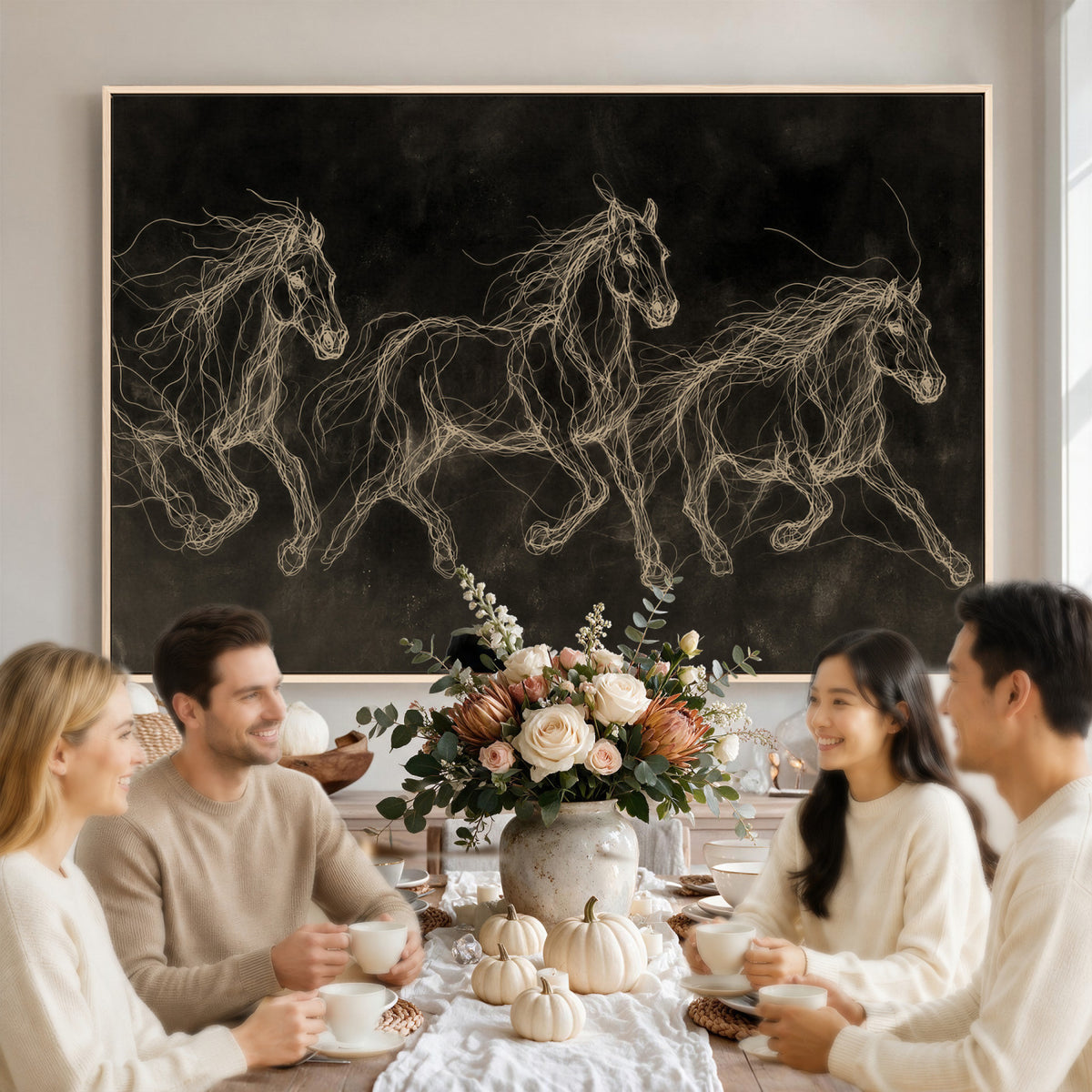 15344242-MGV-CV-36X24 - Dark Horse Line Art Canvas, Gold Scribble Wild Horses Print, Black Chalkboard Wall Art, Modern Luxury Equine Decor, Masculine Office Gift