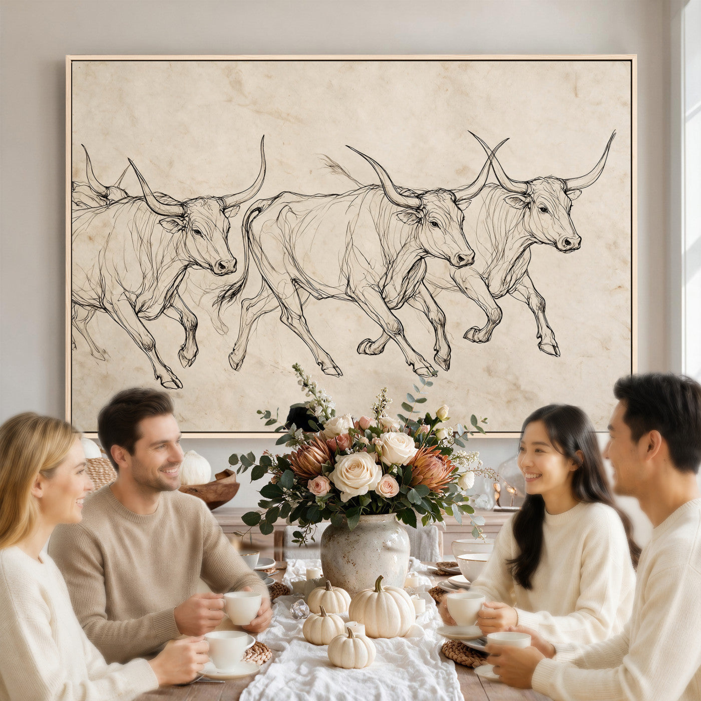 87177621-MGV-CV-36X24 - Minimalist Longhorn Line Art, Modern Texas Bull Canvas Print, Abstract Western Wall Decor, Continuous Line Artwork, Black White Ranch Gift