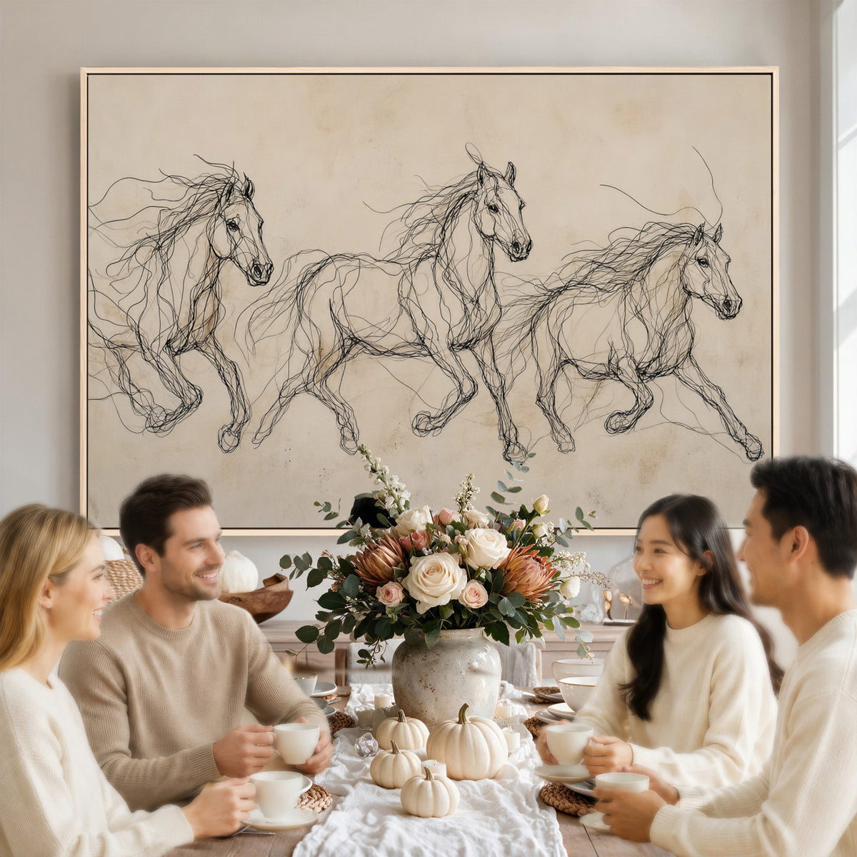 81051673-MGV-CV-36X24 - Abstract Horse Line Art Canvas, Gesture Sketch Wild Horses Print, Modern Scribble Artwork, Minimalist Equine Wall Decor, Rustic Studio Gift