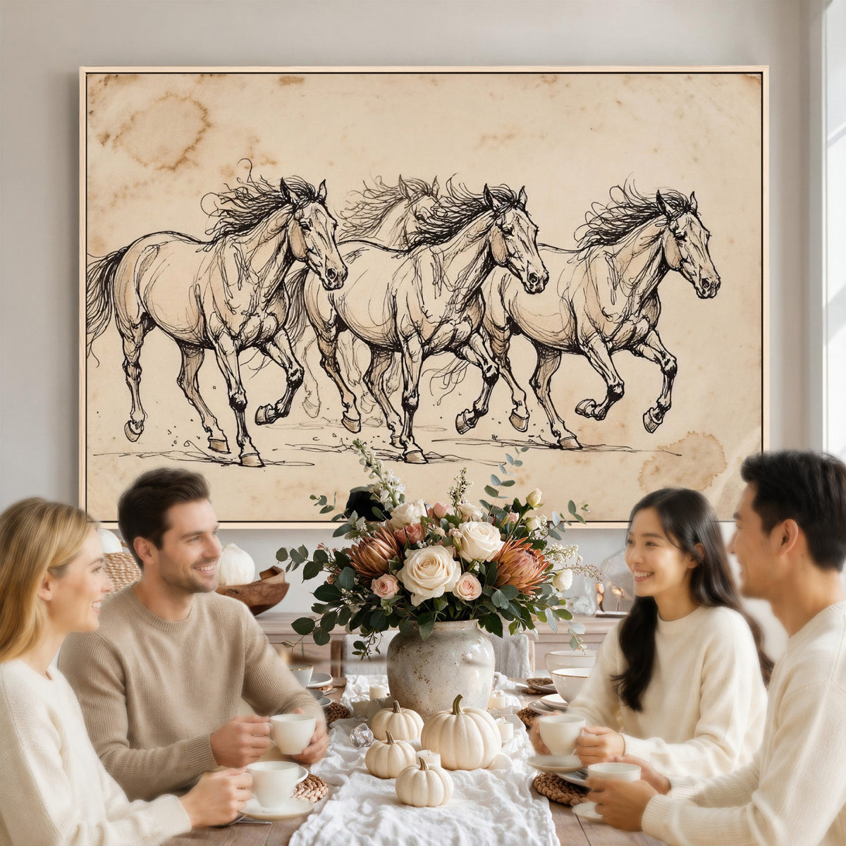 18242163-MGV-CV-36X24 - Vintage Horse Sketch Canvas Wall Art, Wild Horses Pencil Drawing Print, Antique Parchment Western Decor, Equine Sketching, Country Manor Gift